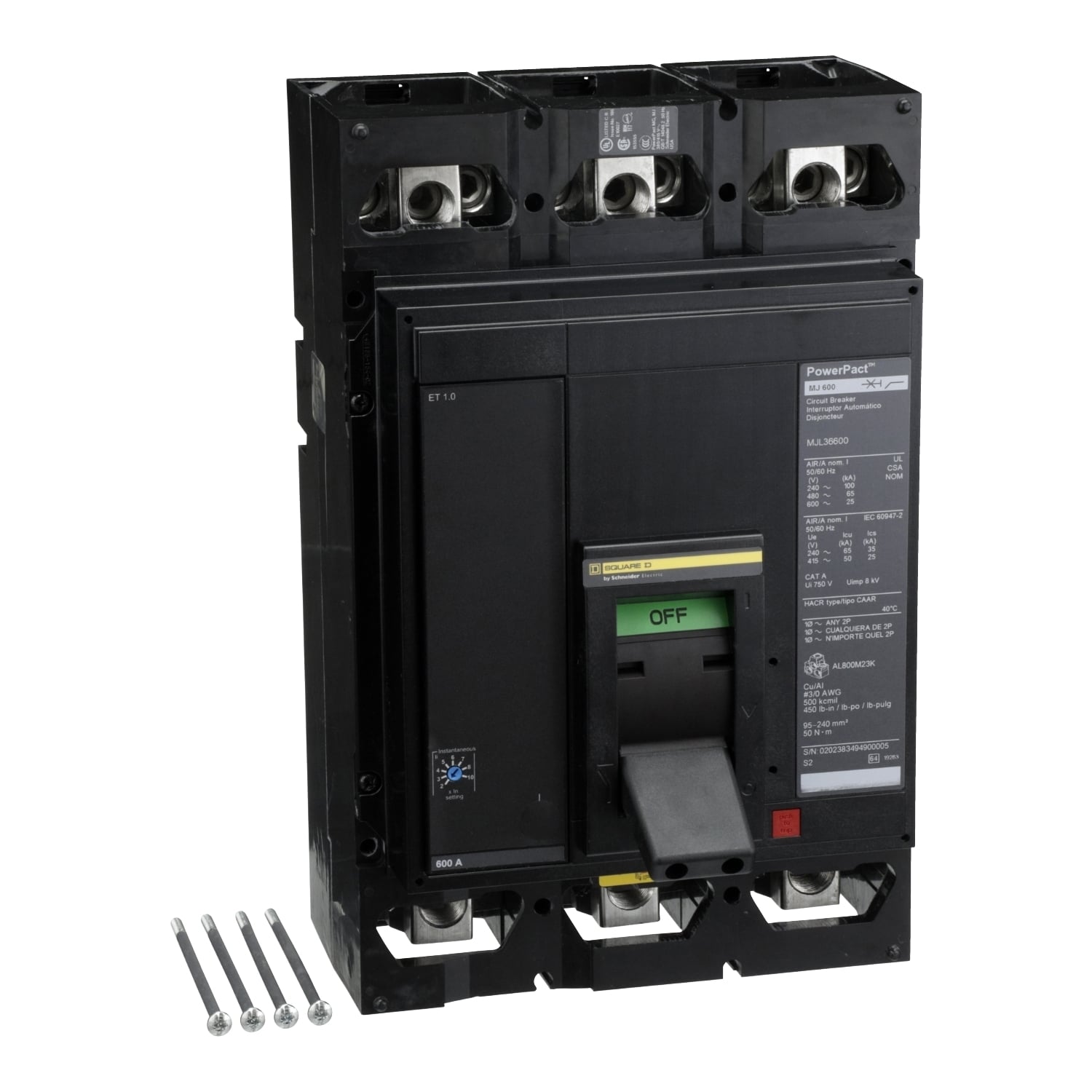 Circuit breaker, PowerPacT M, 600A, 3 pole, 600VAC, 25kA, lugs, ET 1.0, 80%