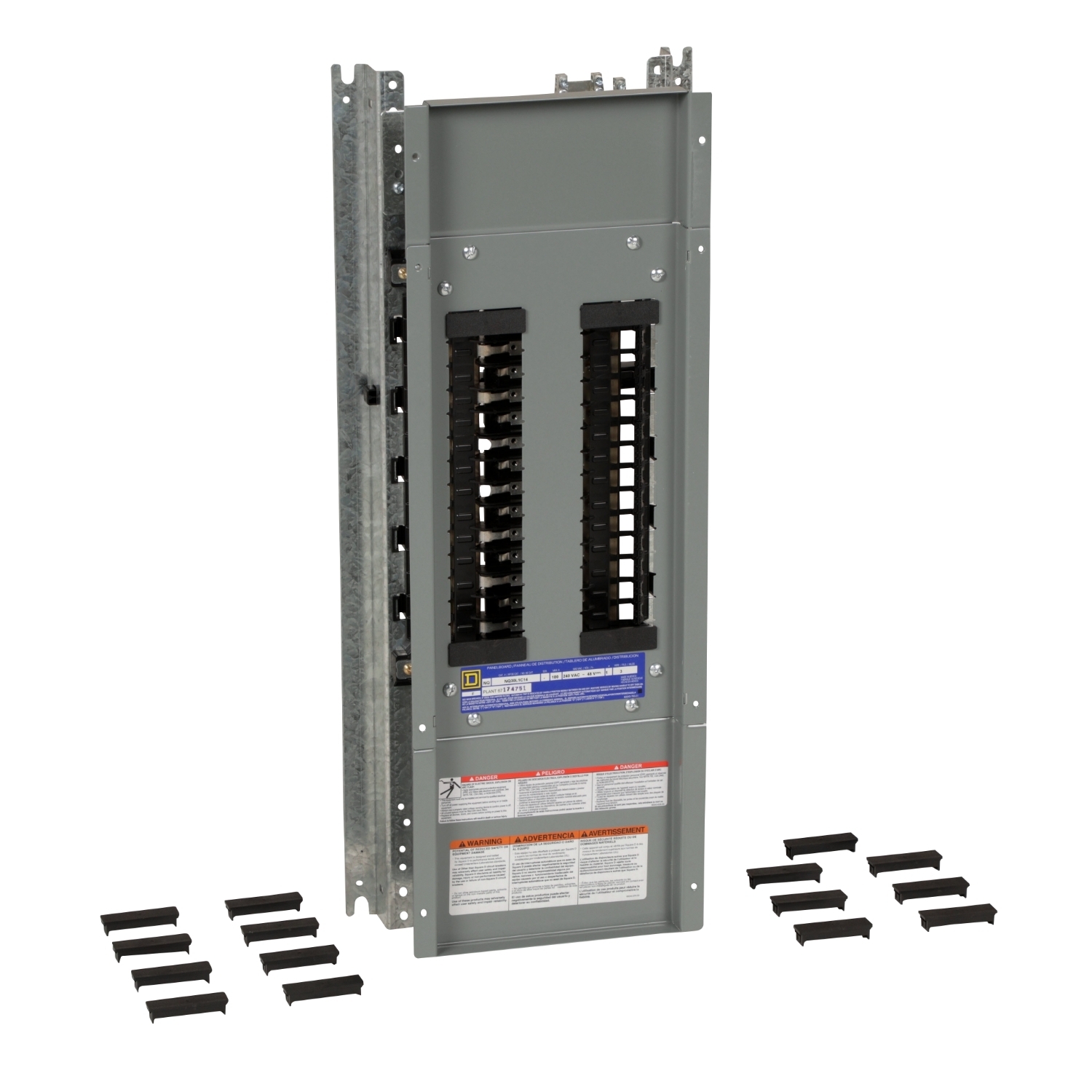 Panelboard interior, NQ, main lugs, 100A, Cu bus, 30 pole spaces, 1 phase, 3 wire, 240VAC, 48VDC, 14in W