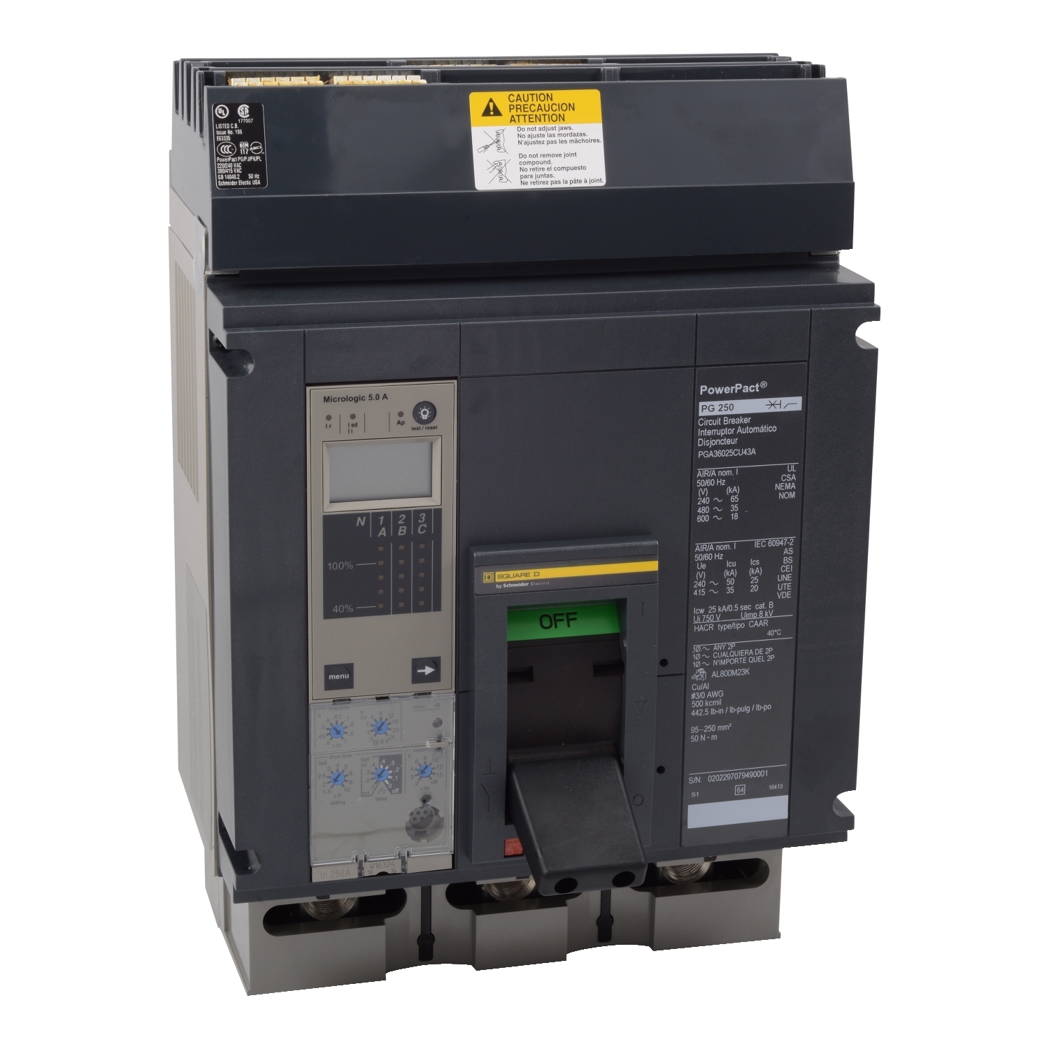 Circuit breaker, PowerPacT P, 800A, 3 pole, 600VAC, 25kA, I-Line, Micrologic 5.0, 100%, ABC