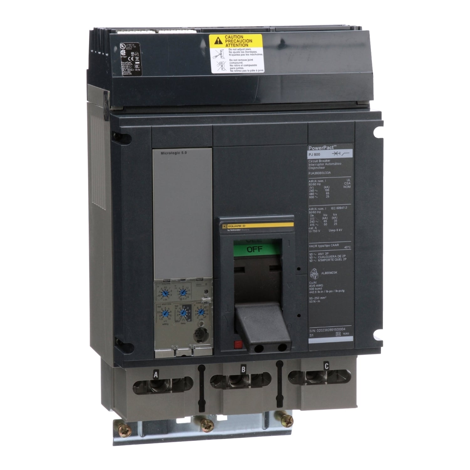 Circuit breaker, PowerPacT P, 800A, 3 pole, 600VAC, 25kA, I-Line, Micrologic 5.0, 80%, ABC