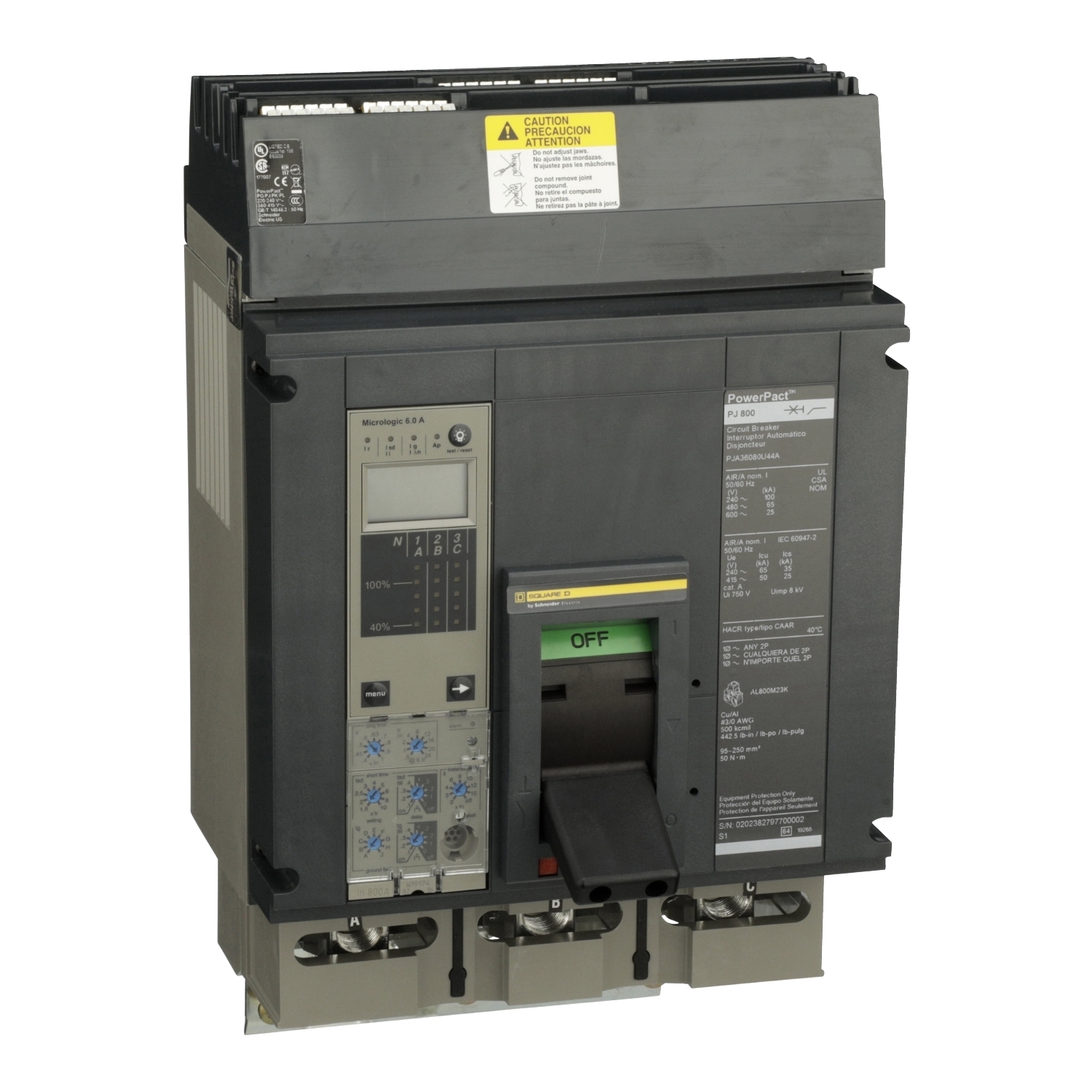 Circuit breaker, PowerPacT P, 800A, 3 pole, 600VAC, 25kA, I-Line, Micrologic 6.0A, 80%, ABC