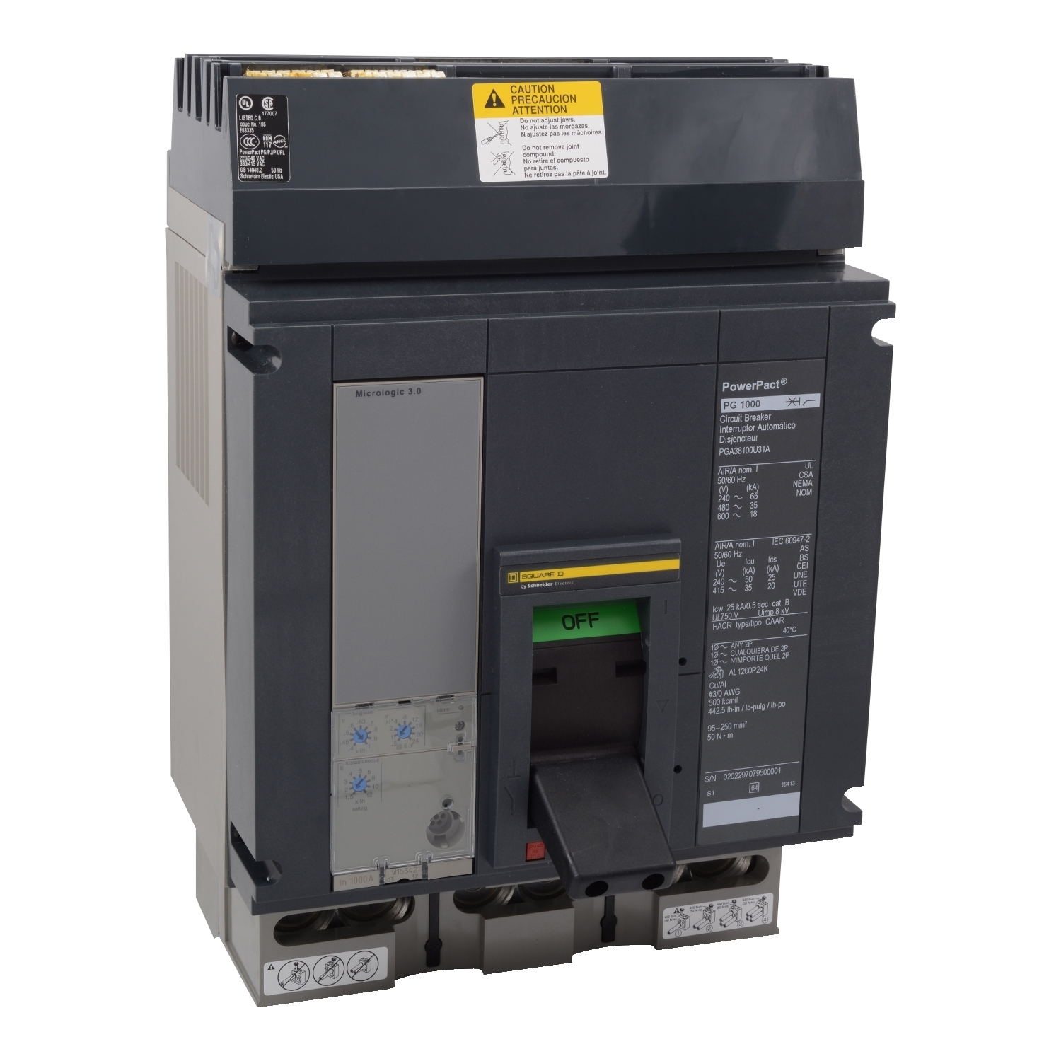 Circuit breaker, PowerPacT P, 1200A, 3 pole, 600VAC, 25kA, I-Line, Micrologic 3.0, 80%, ABC