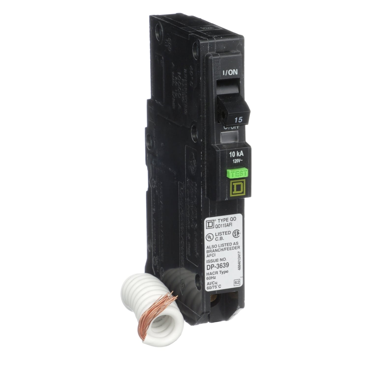 QO115AFI  Circuit Breaker, 15 Amp, 1 Pole, 120V