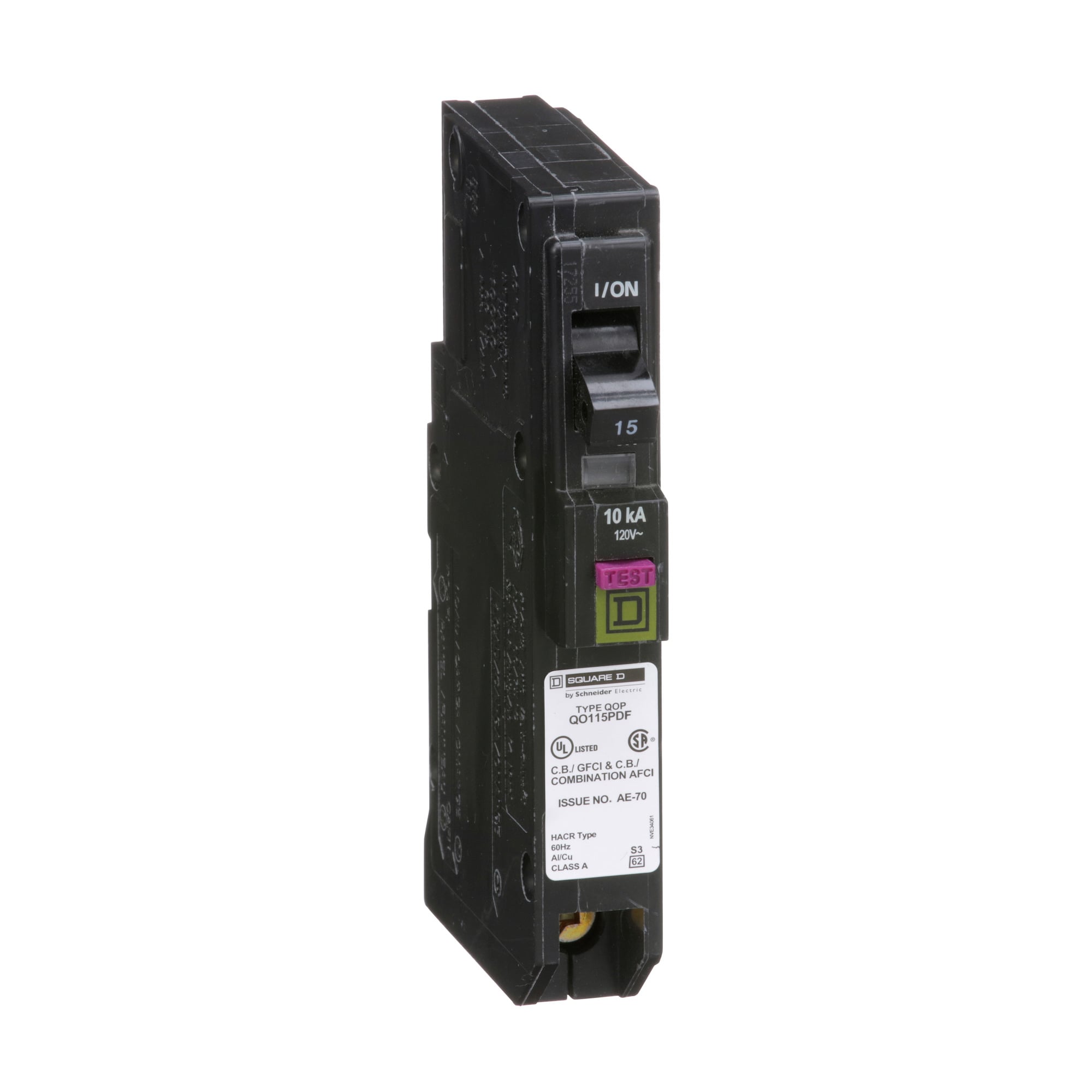 Mini circuit breaker, QO, 15A, 1 pole, 120VAC, 10kA, dual function, plug on neutral, plug in mount