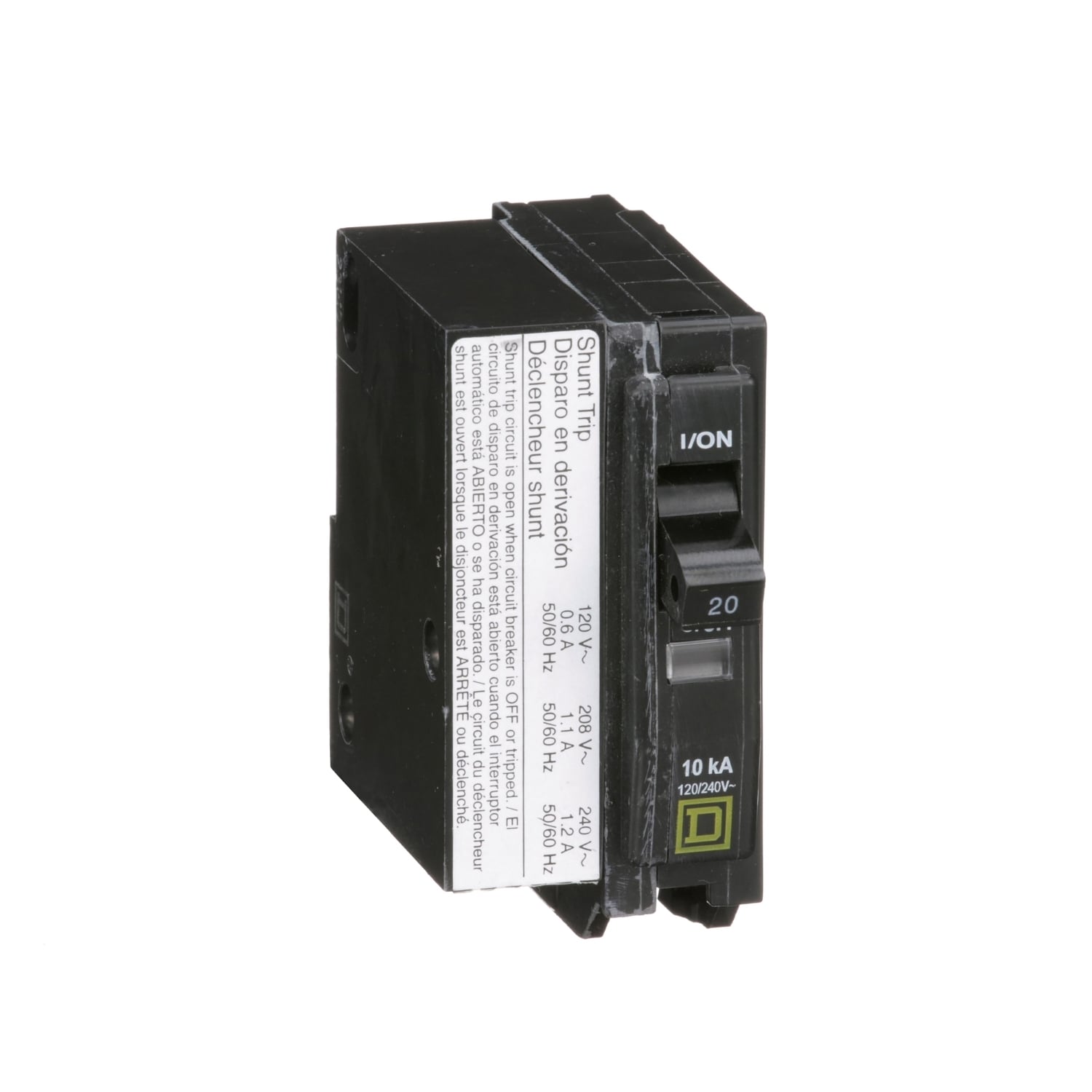 Mini circuit breaker, QO, 20A, 1 pole, 120/240VAC, 10kA, plug in, AC shunt