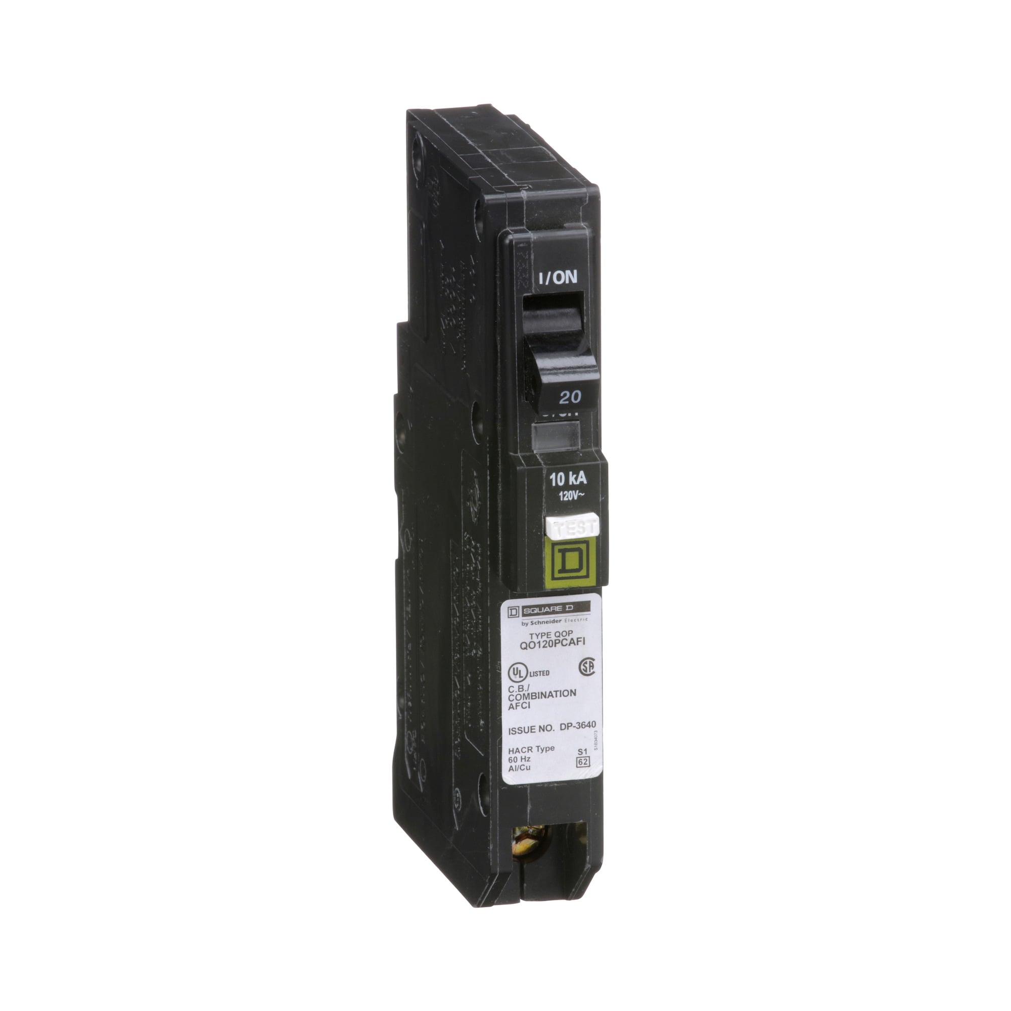 Mini circuit breaker, QO, 20A, 1 pole, 120VAC, 10kA, combo arc fault, plug on neutral, plug in mount