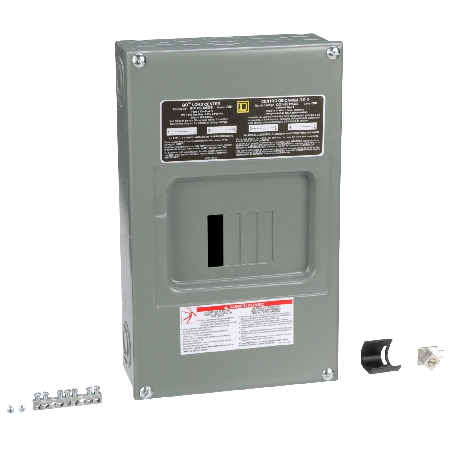 Load center, QO, 1 phase, 4 spaces, 8 circuits, 125A fixed main lugs, NEMA1, gnd bar, surface cover