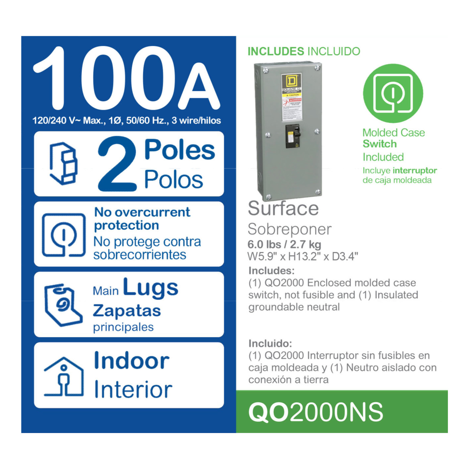 Enclosed molded case switch, QO, 100A, 2 pole, 240VAC, 10kA, plug in mount, NEMA 1