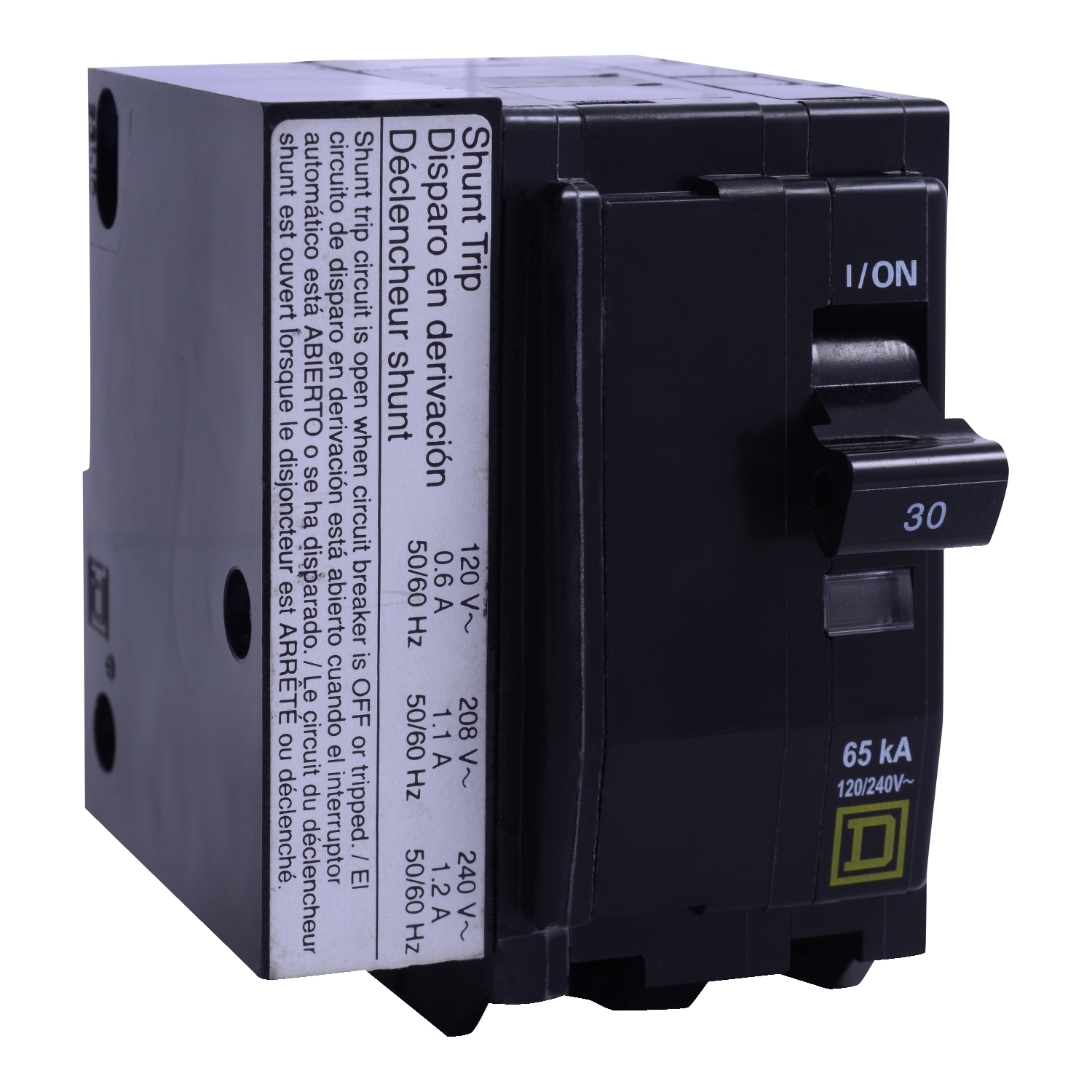 Mini circuit breaker, QO, 15A, 2 pole, 120/240VAC, 10kA, plug in, AC shunt