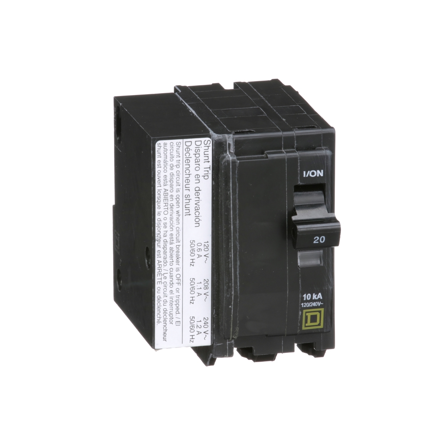 Mini circuit breaker, QO, 20A, 2 pole, 120/240VAC, 10kA, plug in, AC shunt