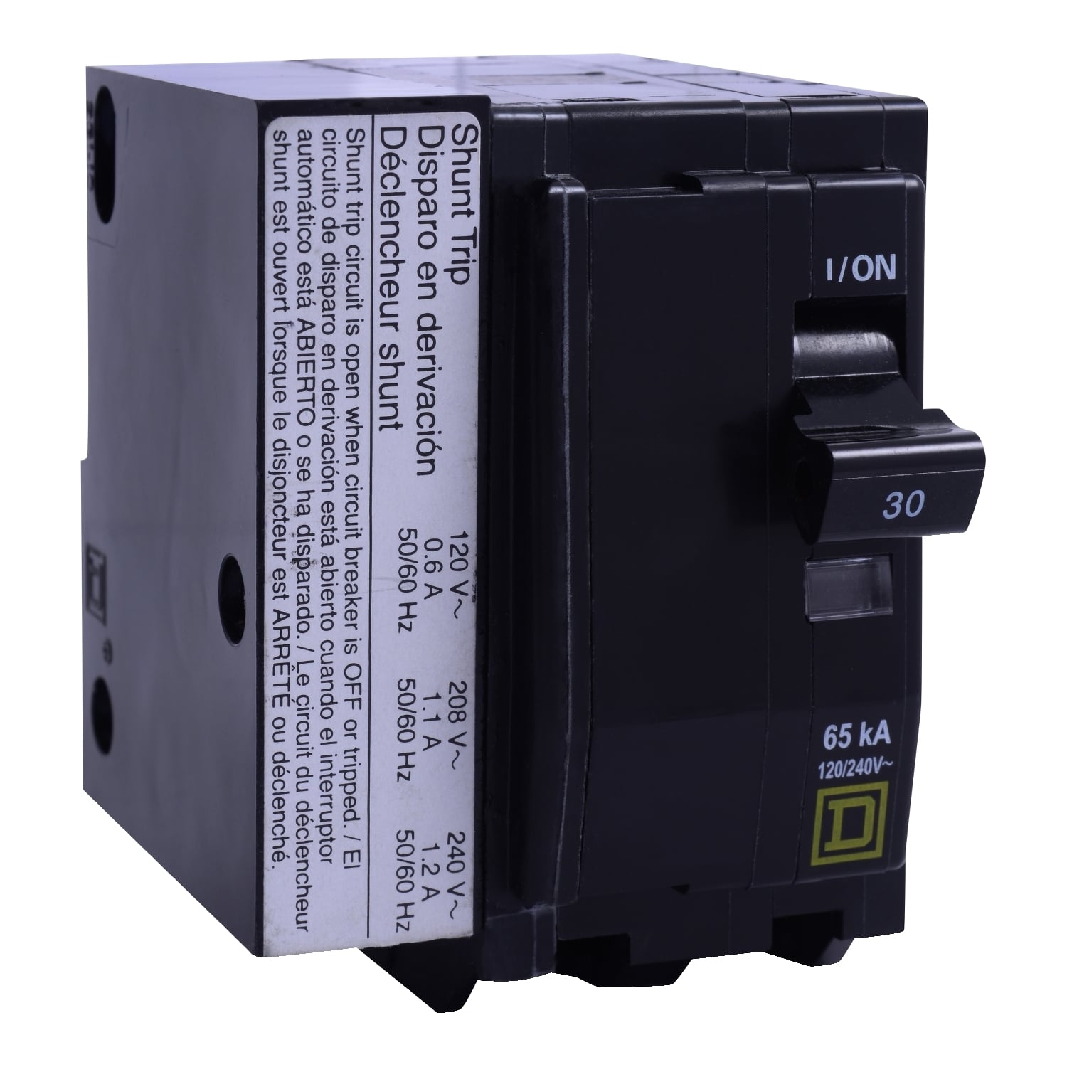 Mini circuit breaker, QO, 30A, 2 pole, 120/240VAC, 10kA, plug in, AC shunt