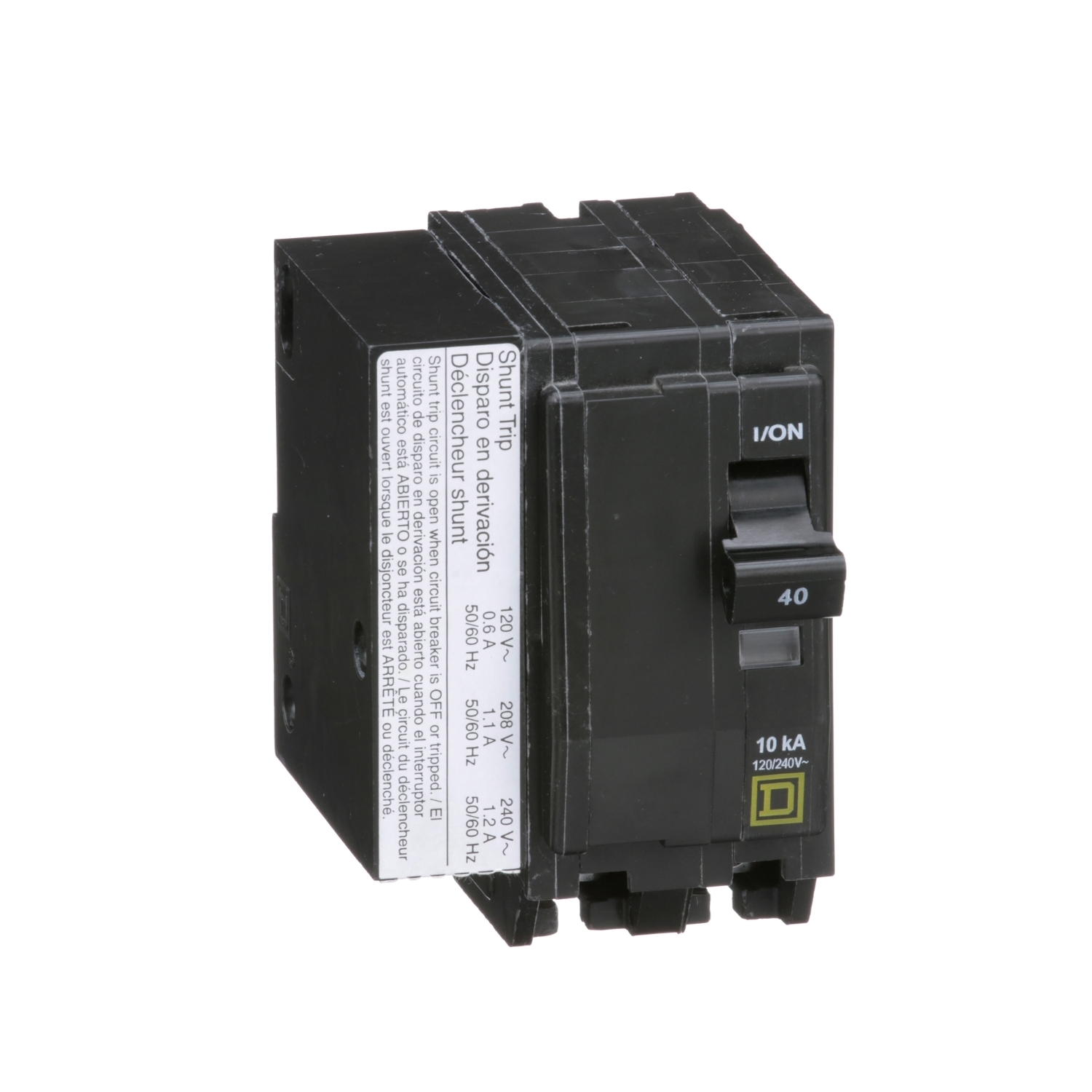 Mini circuit breaker, QO, 40A, 2 pole, 120/240VAC, 10kA, plug in, AC shunt