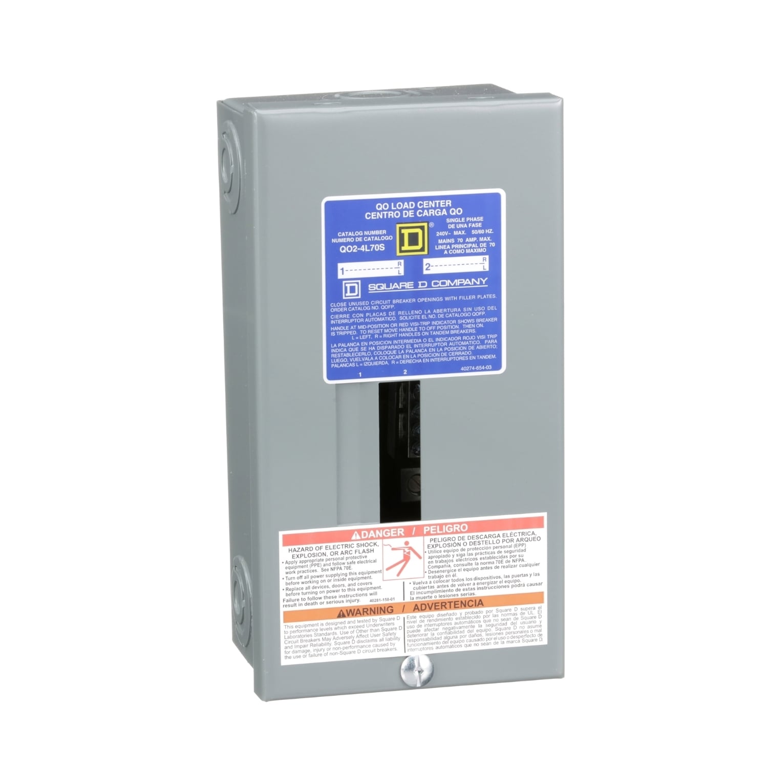 Load center, QO, 1 phase, 2 spaces, 4 circuits, 70A fixed main lugs, NEMA1, surface cover
