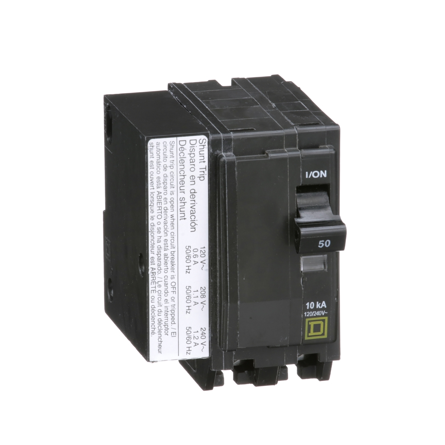 Mini circuit breaker, QO, 50A, 2 pole, 120/240VAC, 10kA, plug in, AC shunt