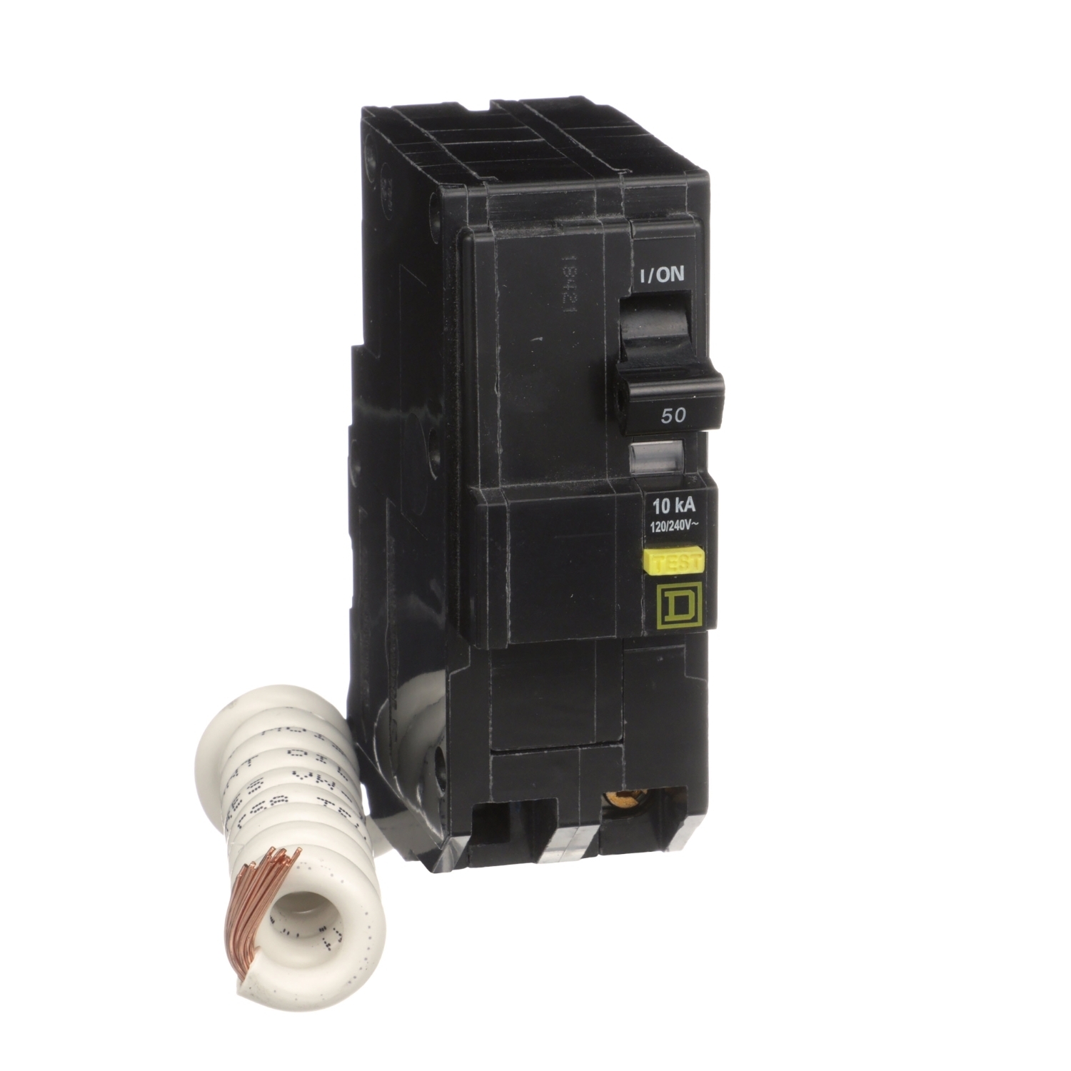 Mini circuit breaker, QO, 50A, 2 pole, 120/240VAC, 10kA, plug in, 6mA grd fault A, pigtail, clam [TAA]