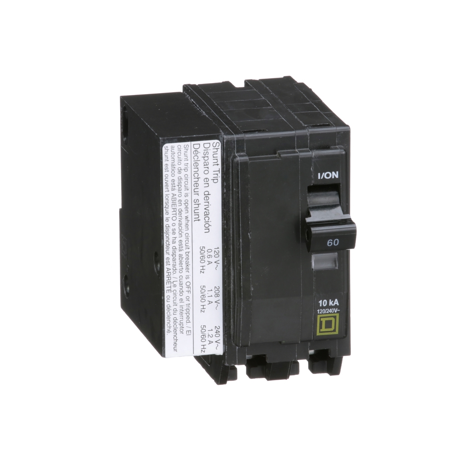 Mini circuit breaker, QO, 60A, 2 pole, 120/240VAC, 10kA, plug in, AC shunt