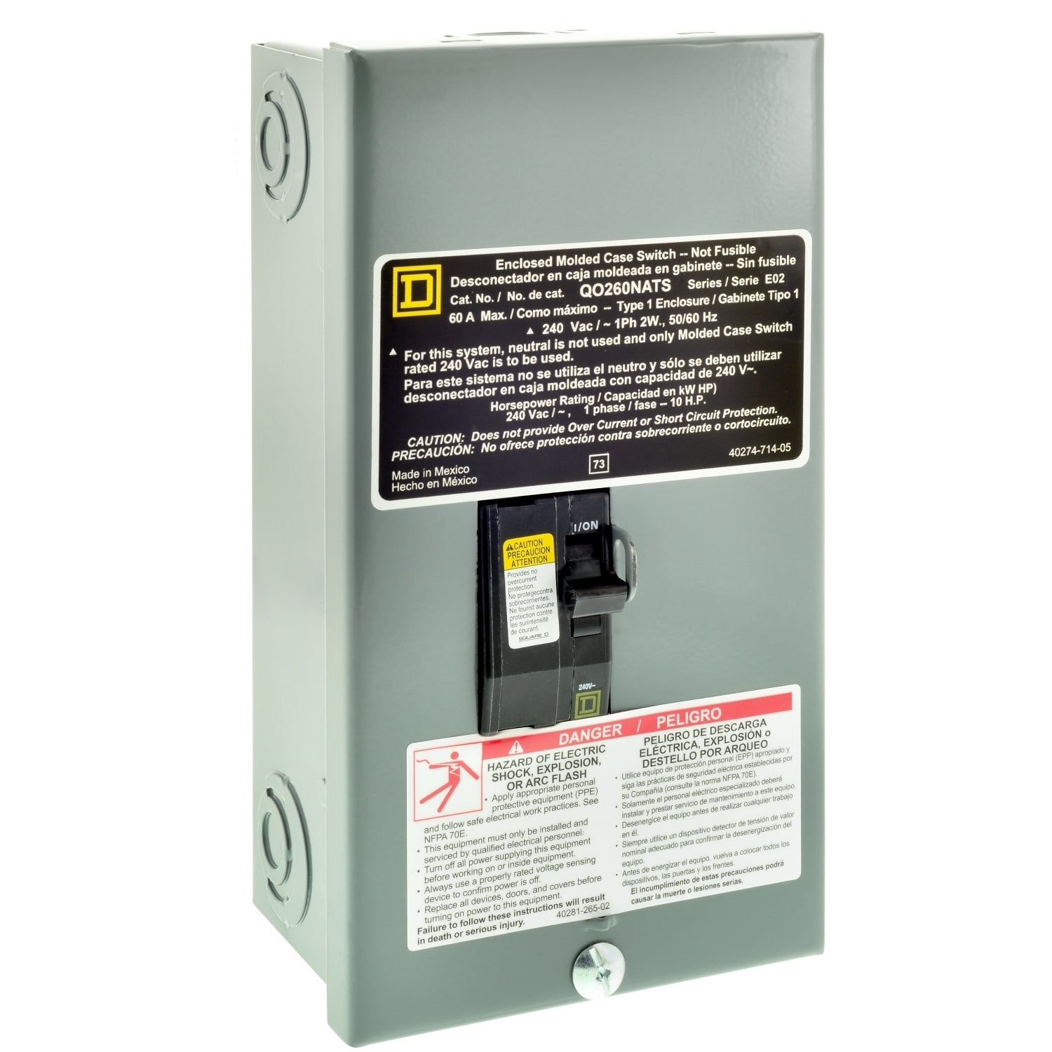 Enclosed molded case switch, QO, 60A, 2 pole, 240VAC, 22kA, NEMA 1