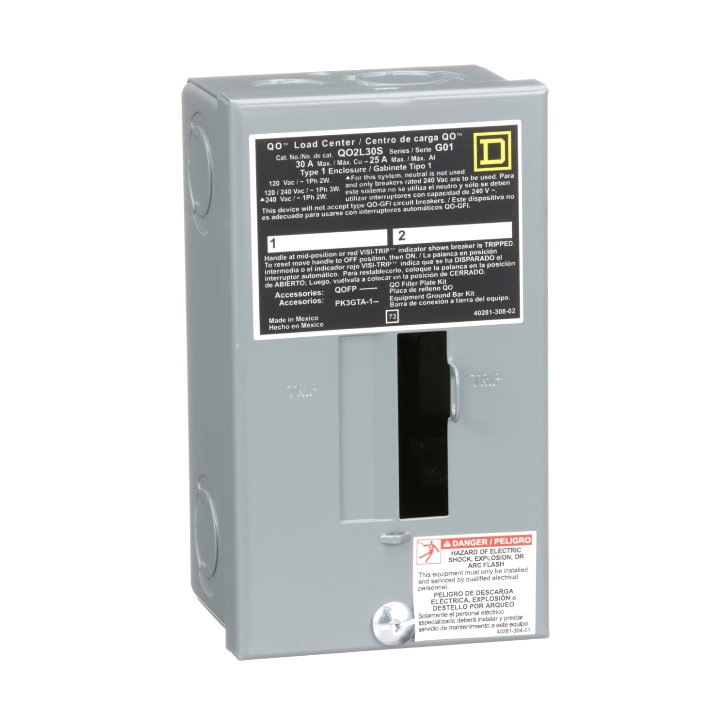 Fixed Main Lug Load Center; 30 Amp, 120/240 Volt AC, 1 Phase, 2 Space, 2 Circuit, 3-Wire, Surface