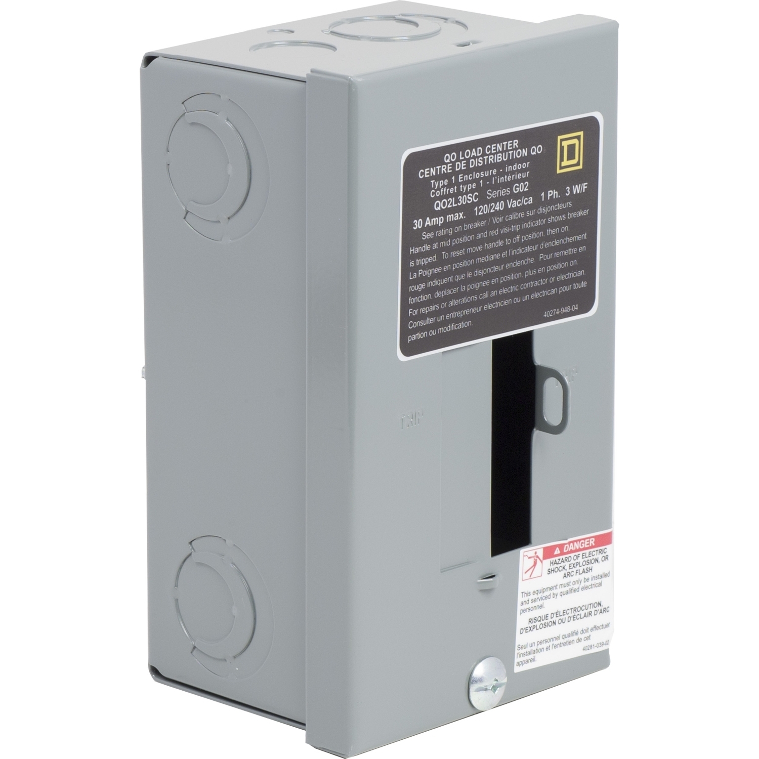 Load center, QO, 1 phase, 2 spaces, 2 circuits, 30A fixed main lugs, NEMA1, surface cover, CSA