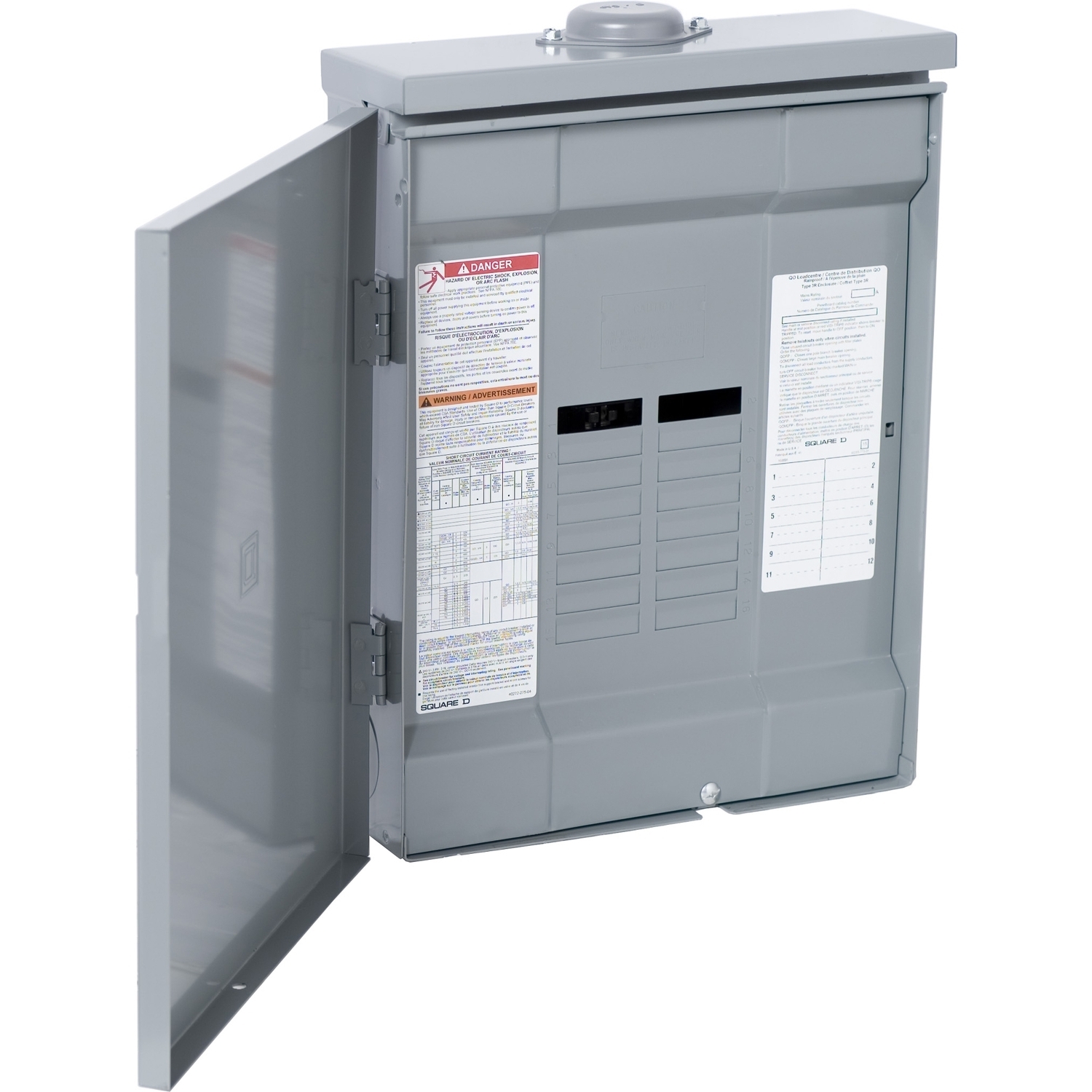 Load center, QO, 3 phase, 12 spaces, 12 circuits, 100A convertible main lugs, NEMA3R, CSA