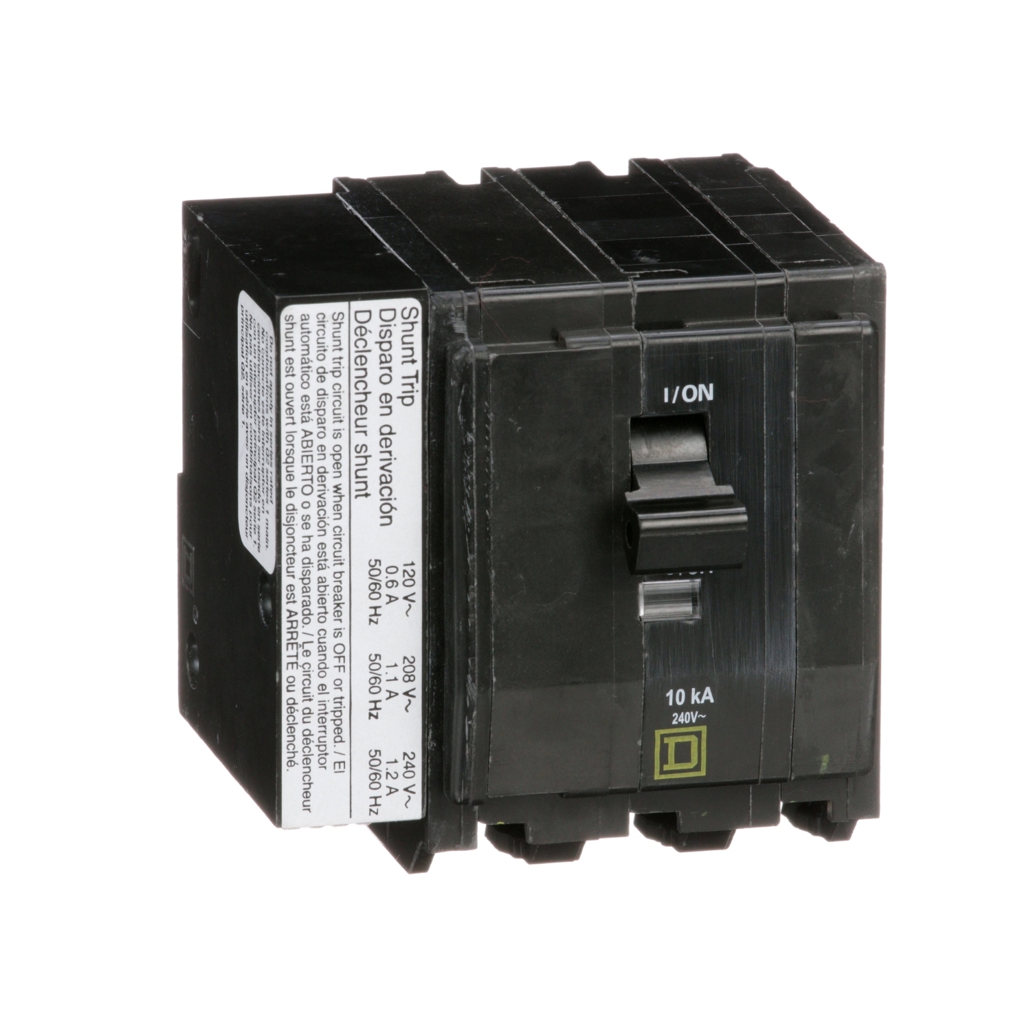 Mini circuit breaker, QO, 20A, 3 pole, 120/240VAC, 10kA, plug in, AC shunt