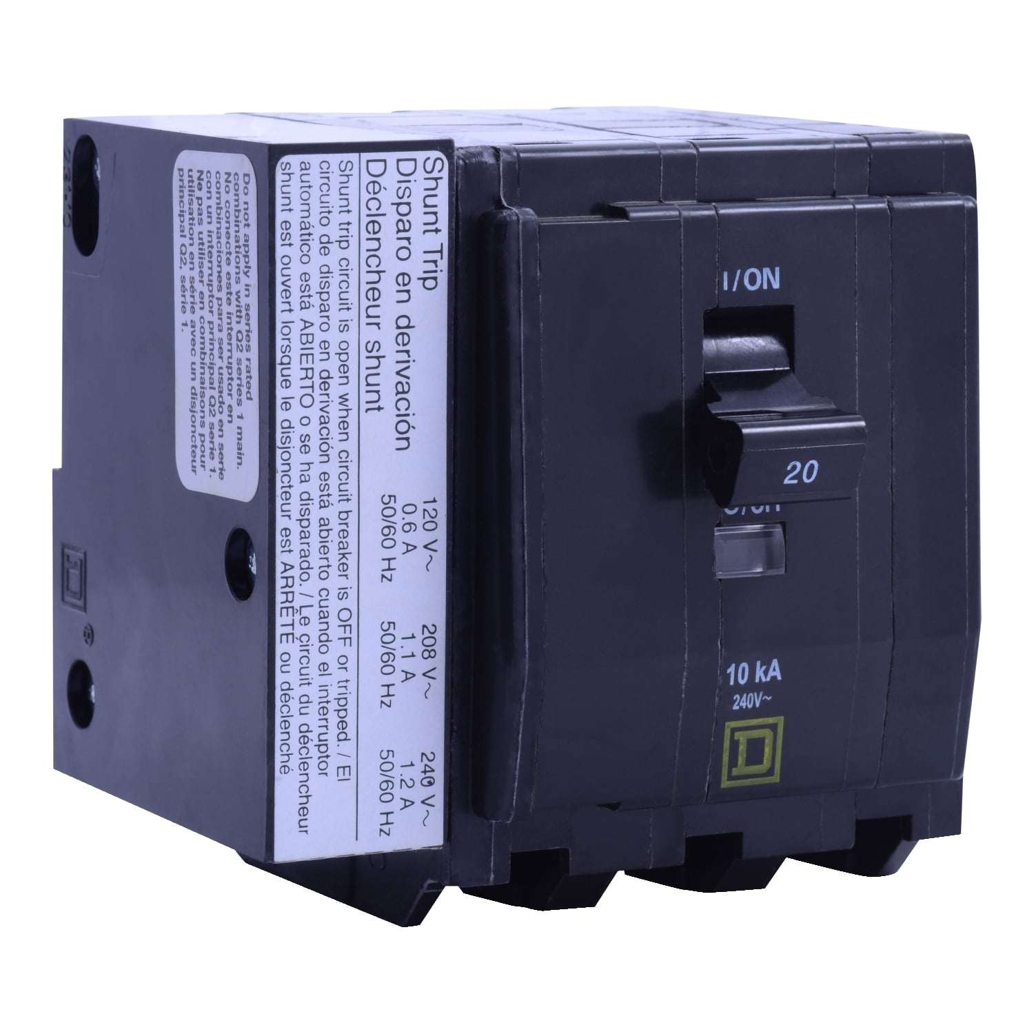 Mini circuit breaker, QO, 30A, 3 pole, 120/240VAC, 10kA, plug in, AC shunt