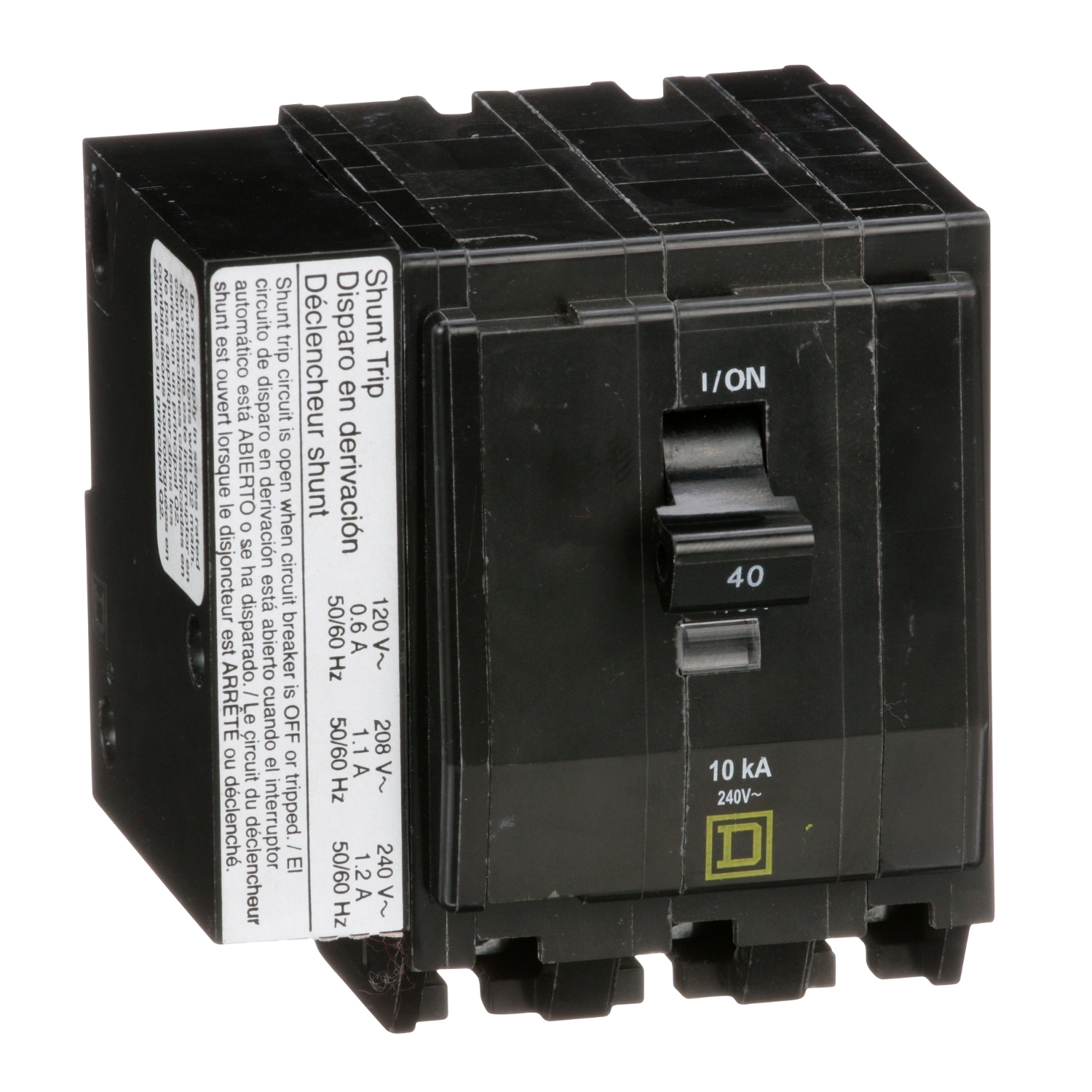 Mini circuit breaker, QO, 40A, 3 pole, 120/240VAC, 10kA, plug in, AC shunt