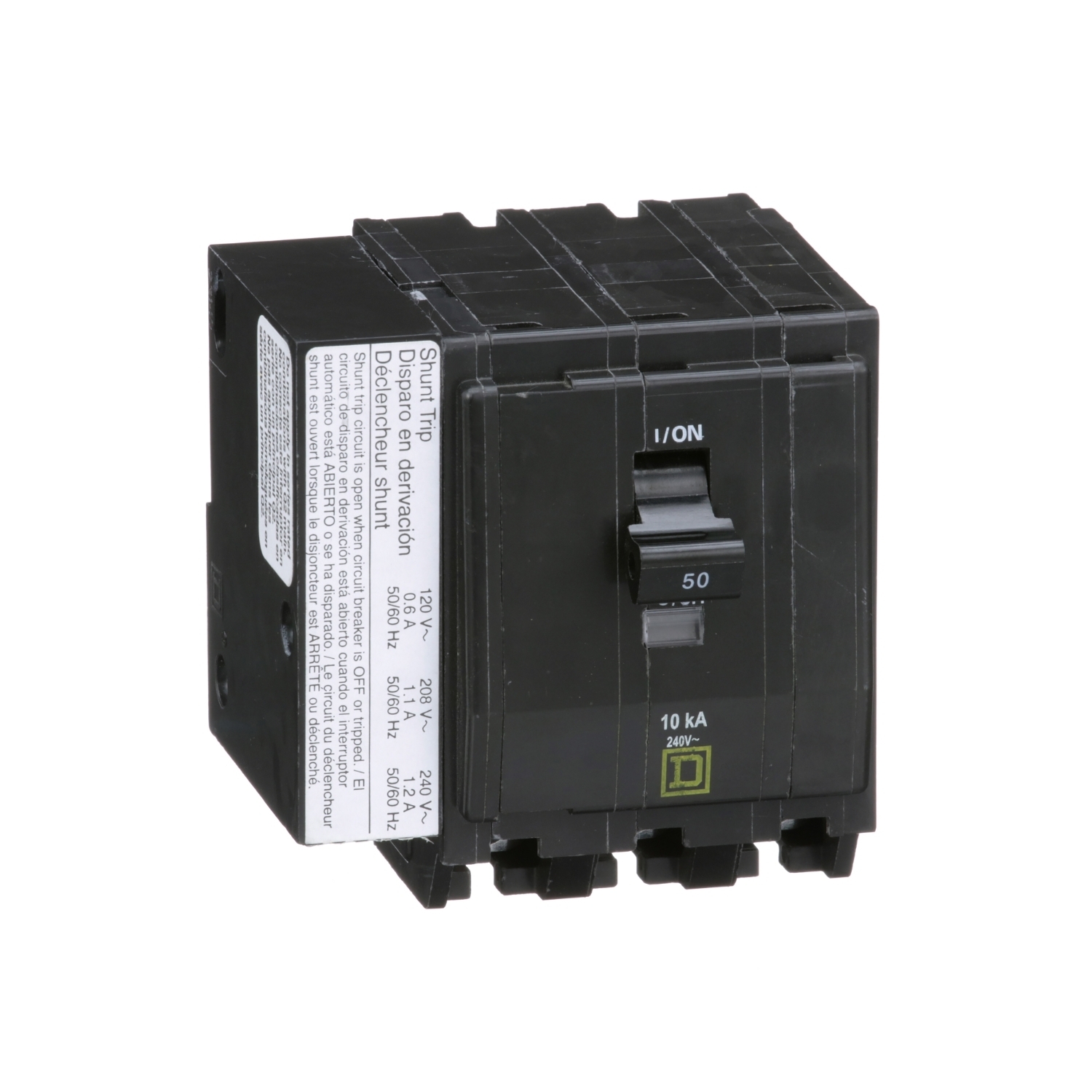 Mini circuit breaker, QO, 50A, 3 pole, 120/240VAC, 10kA, plug in, AC shunt
