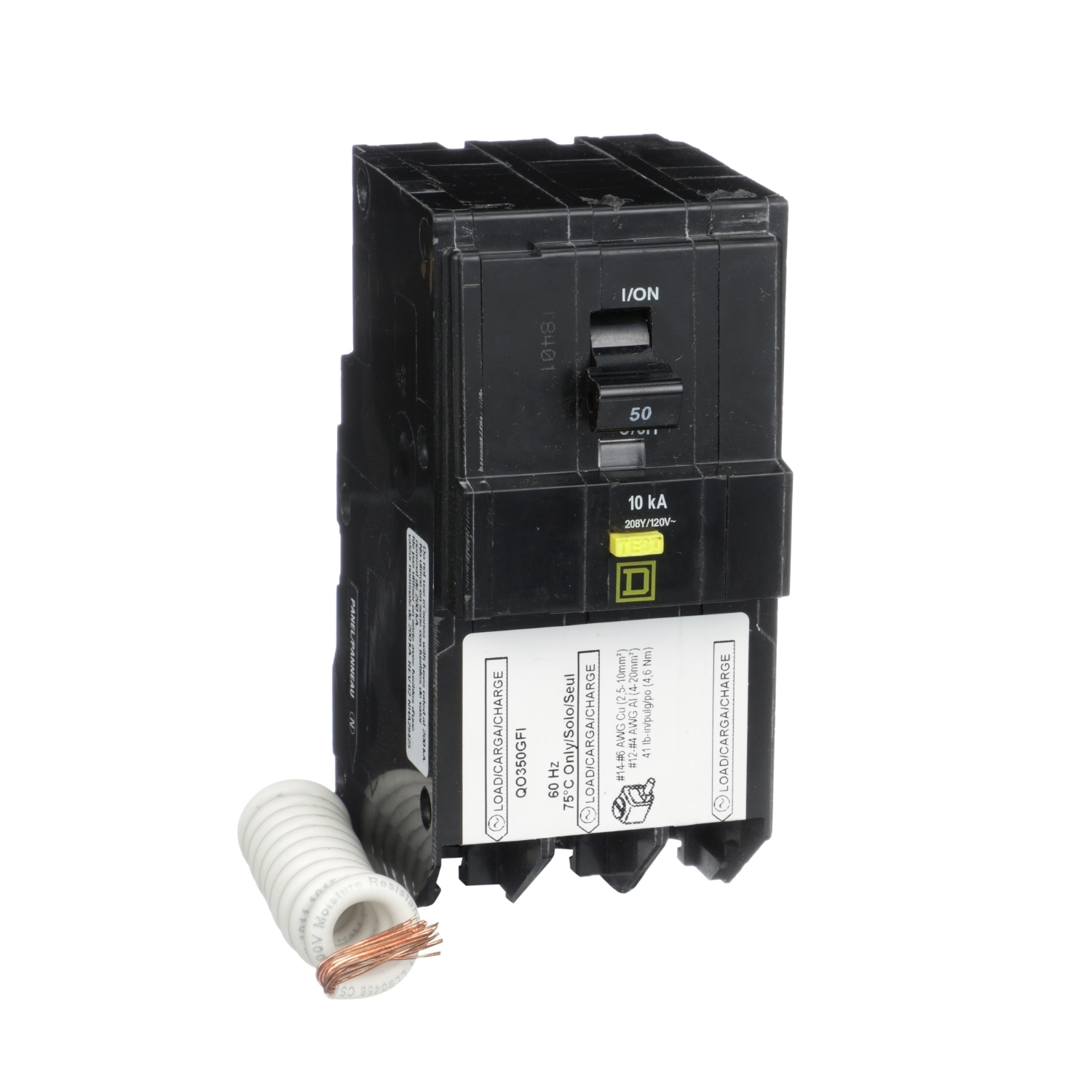 Mini circuit breaker, QO, 50A, 3 pole, 208Y/120VAC, 10kA, plug in, 6mA grd fault A, pigtail [TAA]