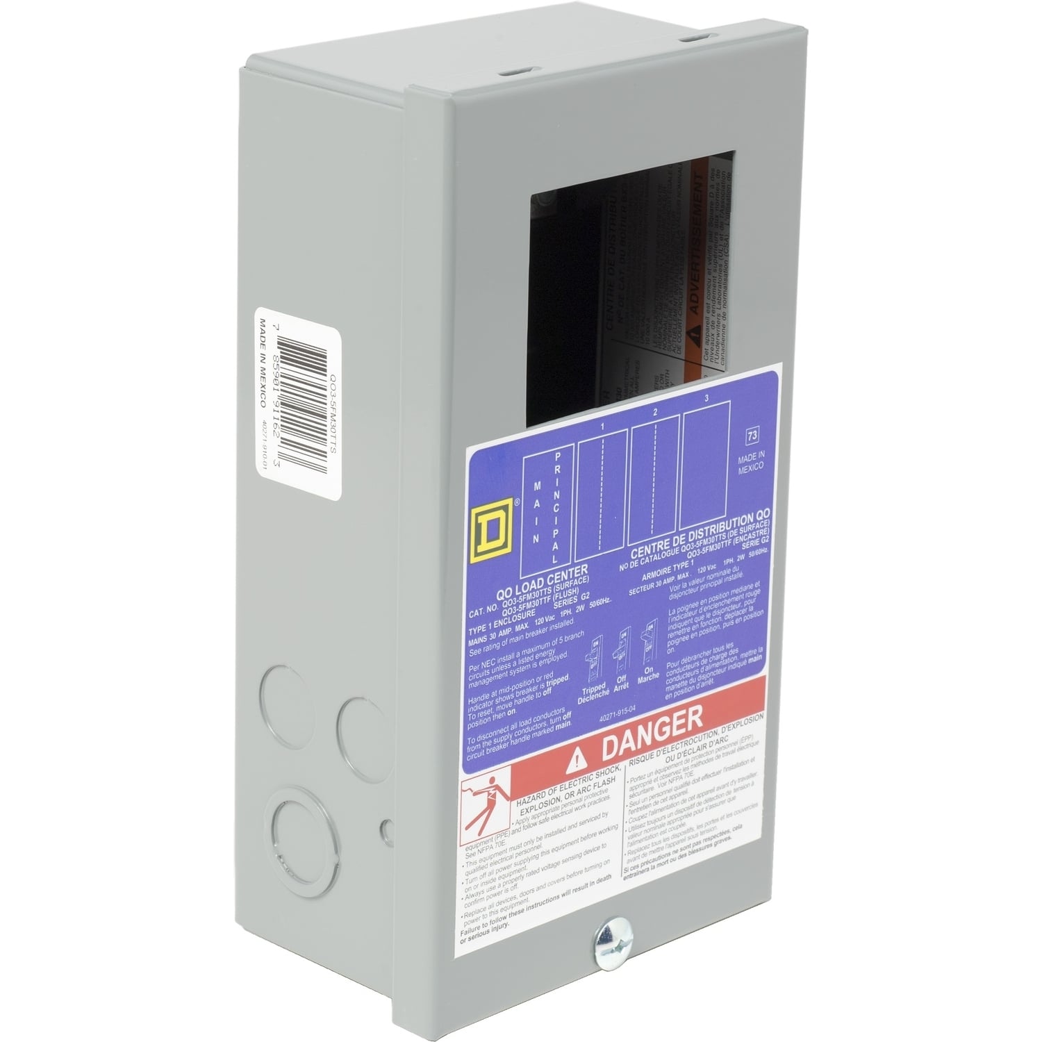 Load center, QO, 1 phase, 3 spaces, 5 circuits, 30A main breaker, NEMA1, gnd bar, surface cover, trailer use