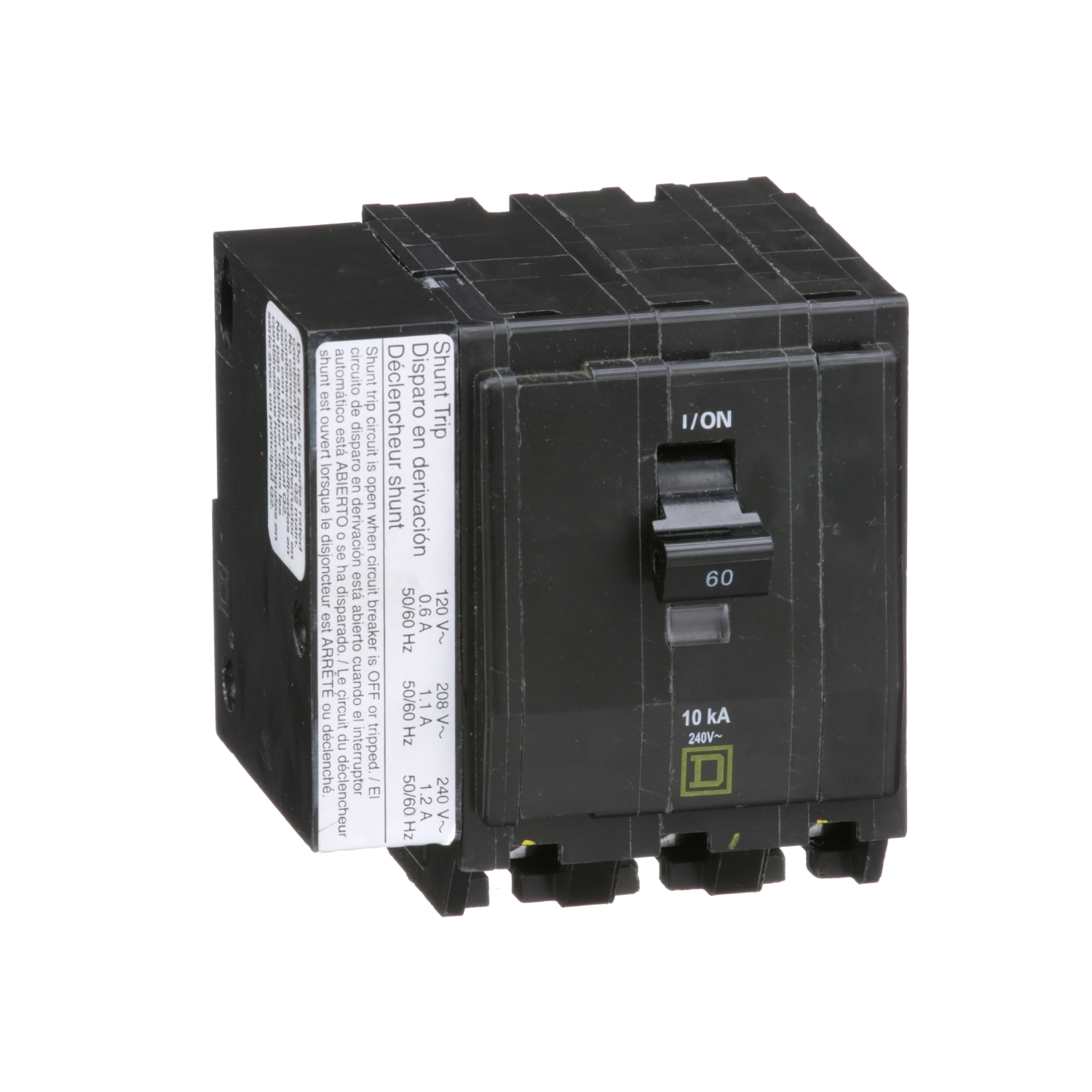 Mini circuit breaker, QO, 60A, 3 pole, 120/240VAC, 10kA, plug in, AC shunt