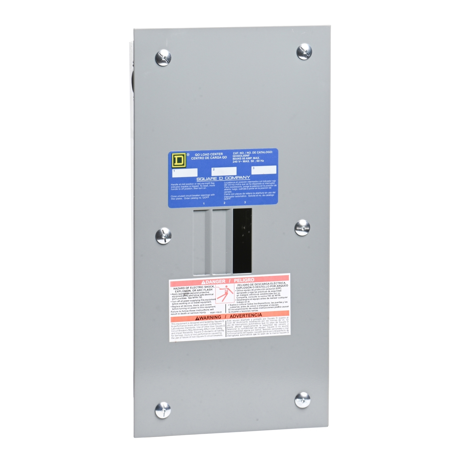 Load center, QO, 3 phase, 3 spaces, 3 circuits, 60A main lugs, NEMA1, neutral gnd bar, flush cover