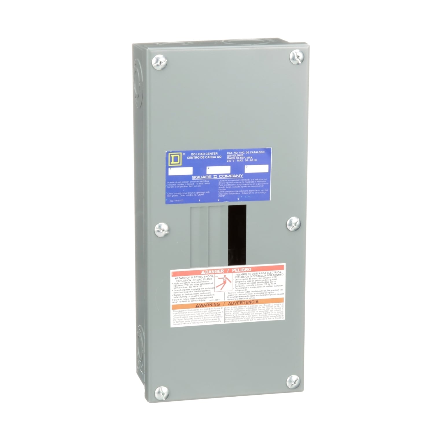 Load center, QO, 3 phase, 3 spaces, 3 circuits, 60A main lugs, NEMA1, neutral gnd bar, surface cover