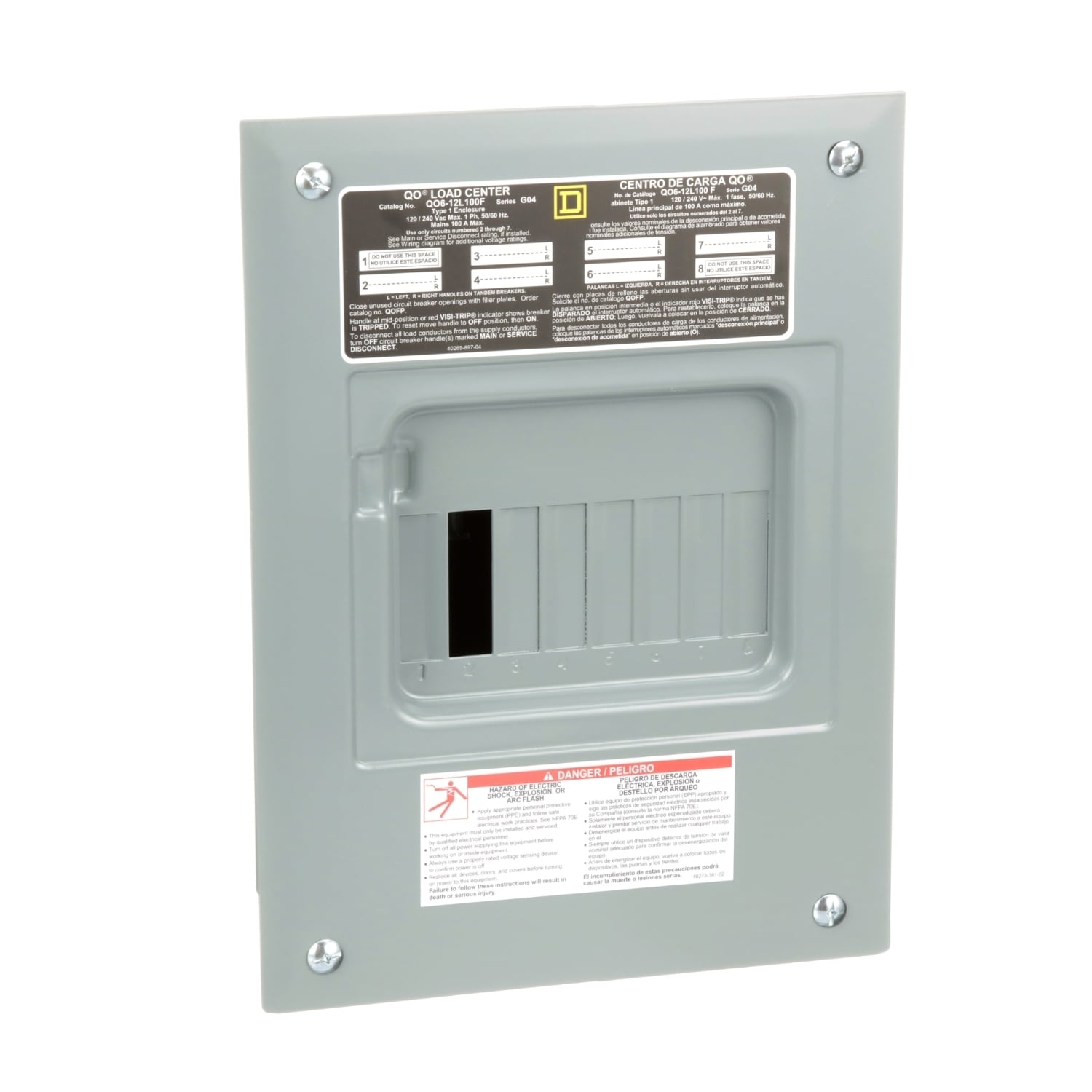 Load center, QO, 1 phase, 6 spaces, 12 circuits, 100A fixed main lugs, NEMA1, flush cover