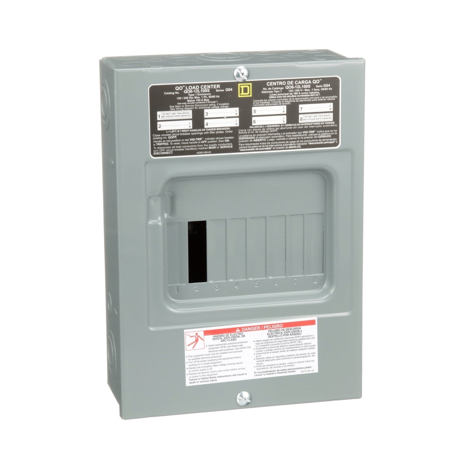 Fixed Main Lug Load Center; 100 Amp, 120/240 Volt AC, 1 Phase, 6 Space, 12 Circuit, 3-Wire, Surface Without Door