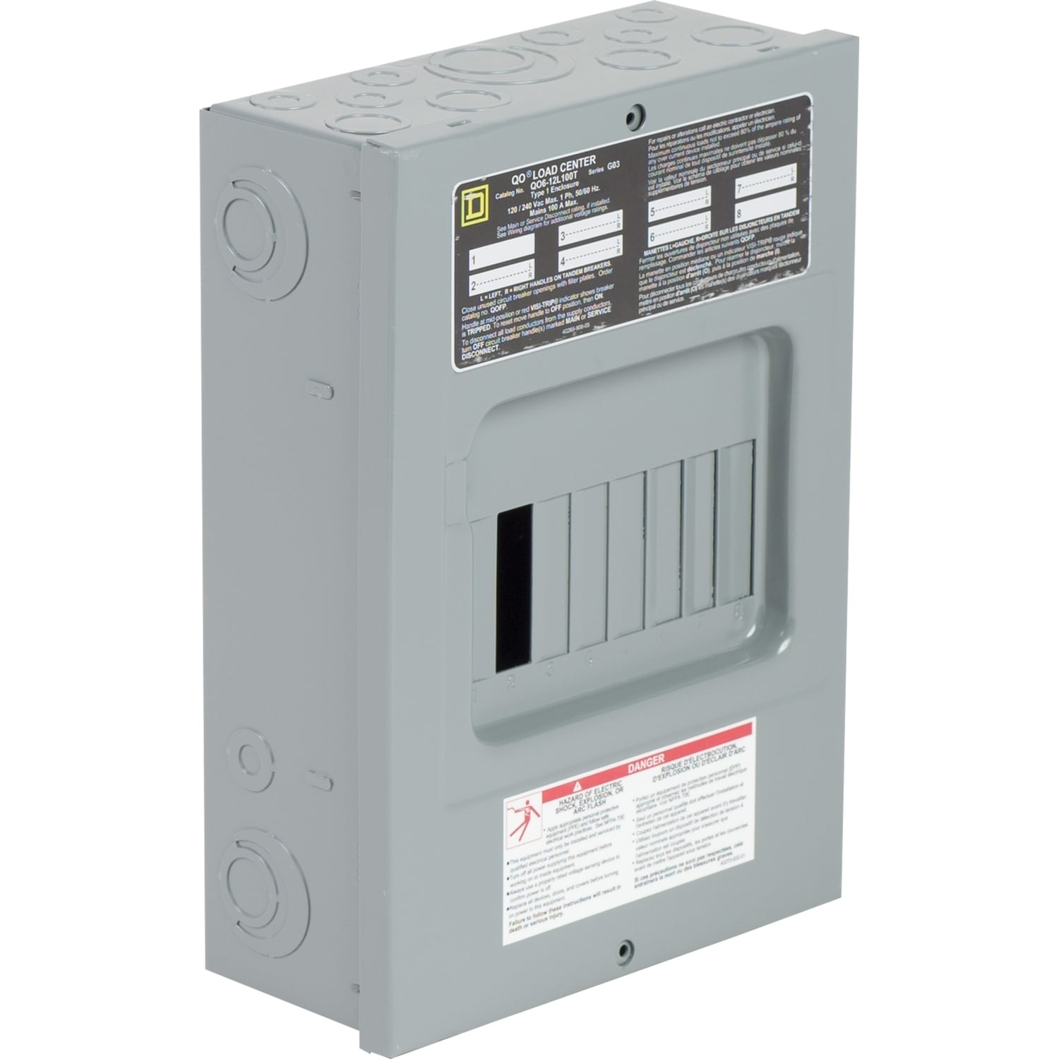 Load center, QO, 1 phase, 6 spaces, 12 circuits, 100A fixed main lugs, NEMA1, gnd bar, surface cover, CSA