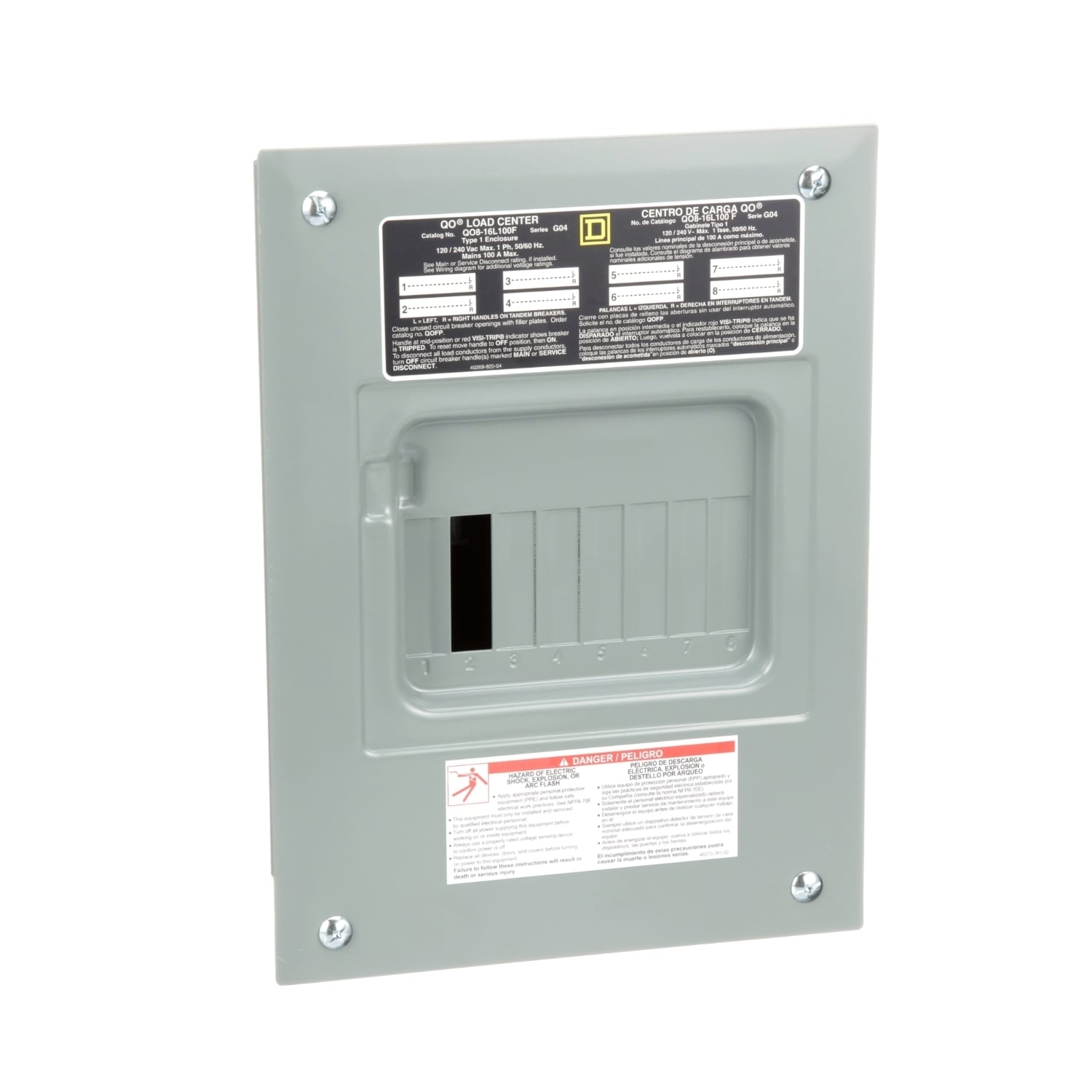 Fixed Main Lug Load Center; 100 Amp, 120/240 Volt AC, 1 Phase, 8 Space, 16 Circuit, 3-Wire, Flush