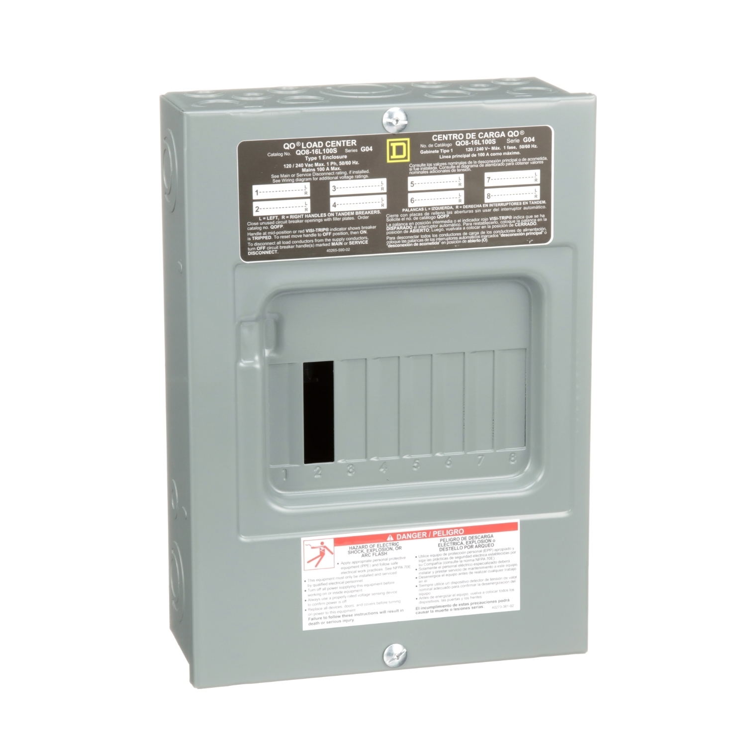 Fixed Main Lug Load Center; 100 Amp, 120/240V AC, 1 Phase, 8 Space, 16 Circuit, Surface Without Door