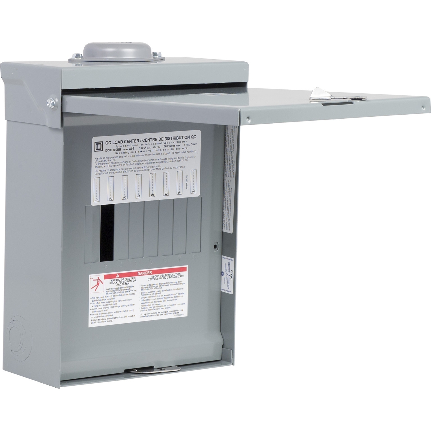 Load center, QO, 1 phase, 8 spaces, 8 circuits, 100A convertible main lugs, NEMA3R