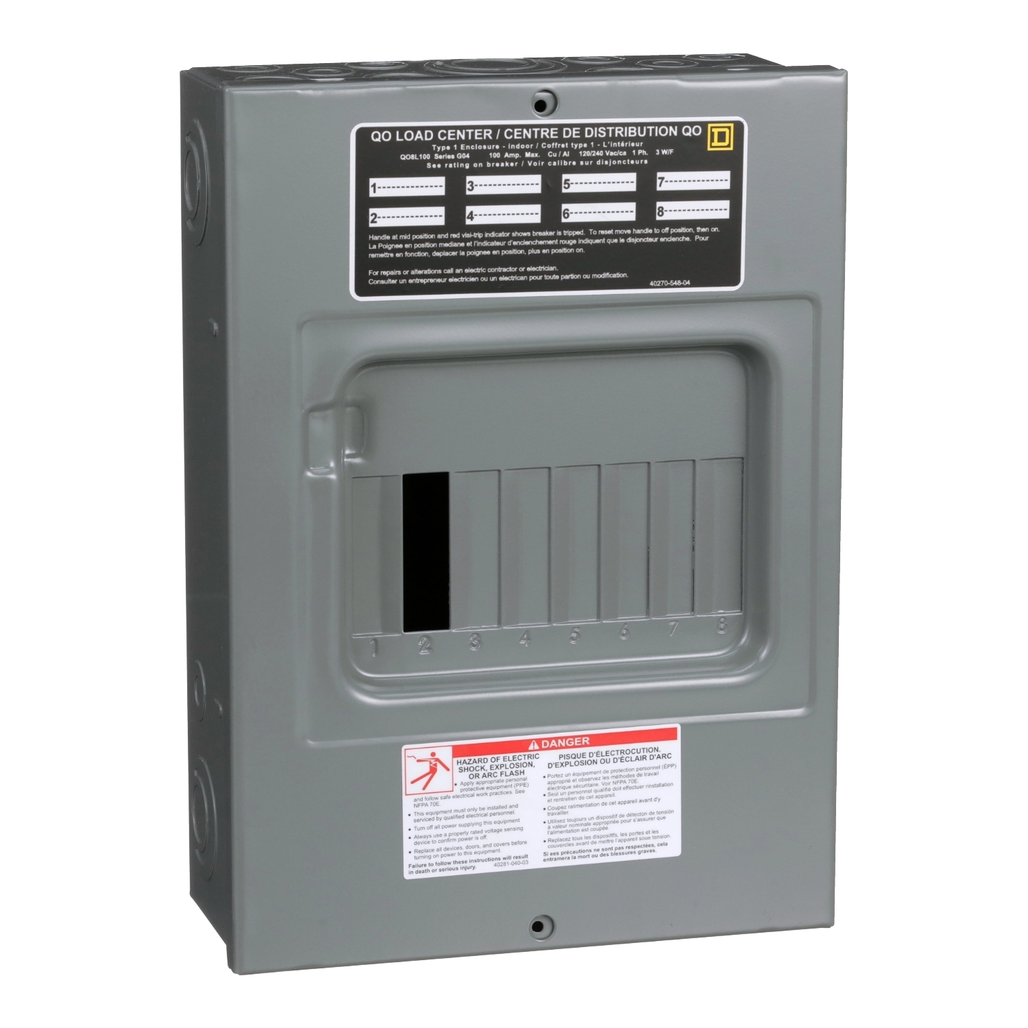 Load center, QO, 1 phase, 8 spaces, 8 circuits, 100A convertible main lugs, NEMA1, surface cover