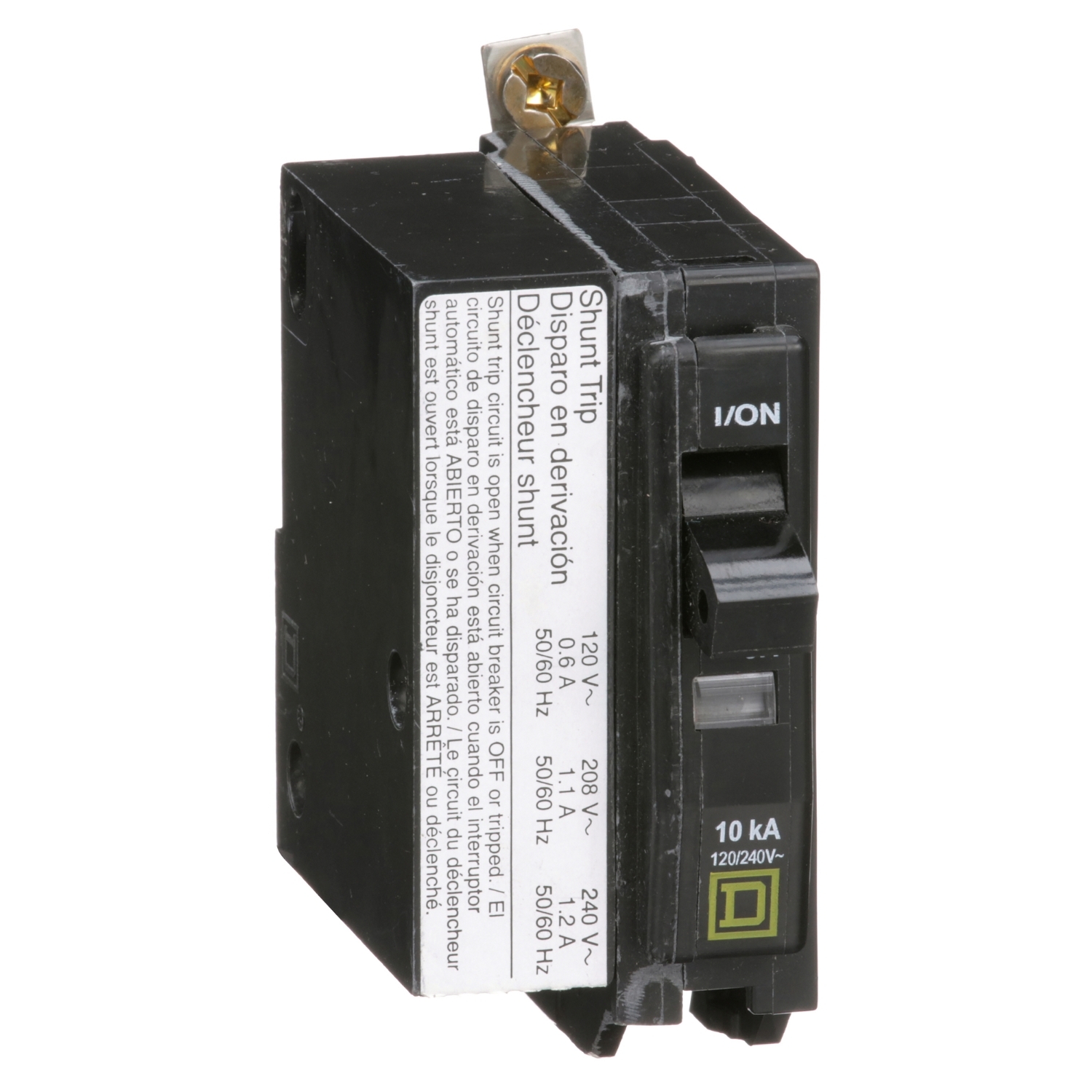 Mini circuit breaker, QO, 15A, 1 pole, 120/240VAC, 10kA, bolt on, AC shunt