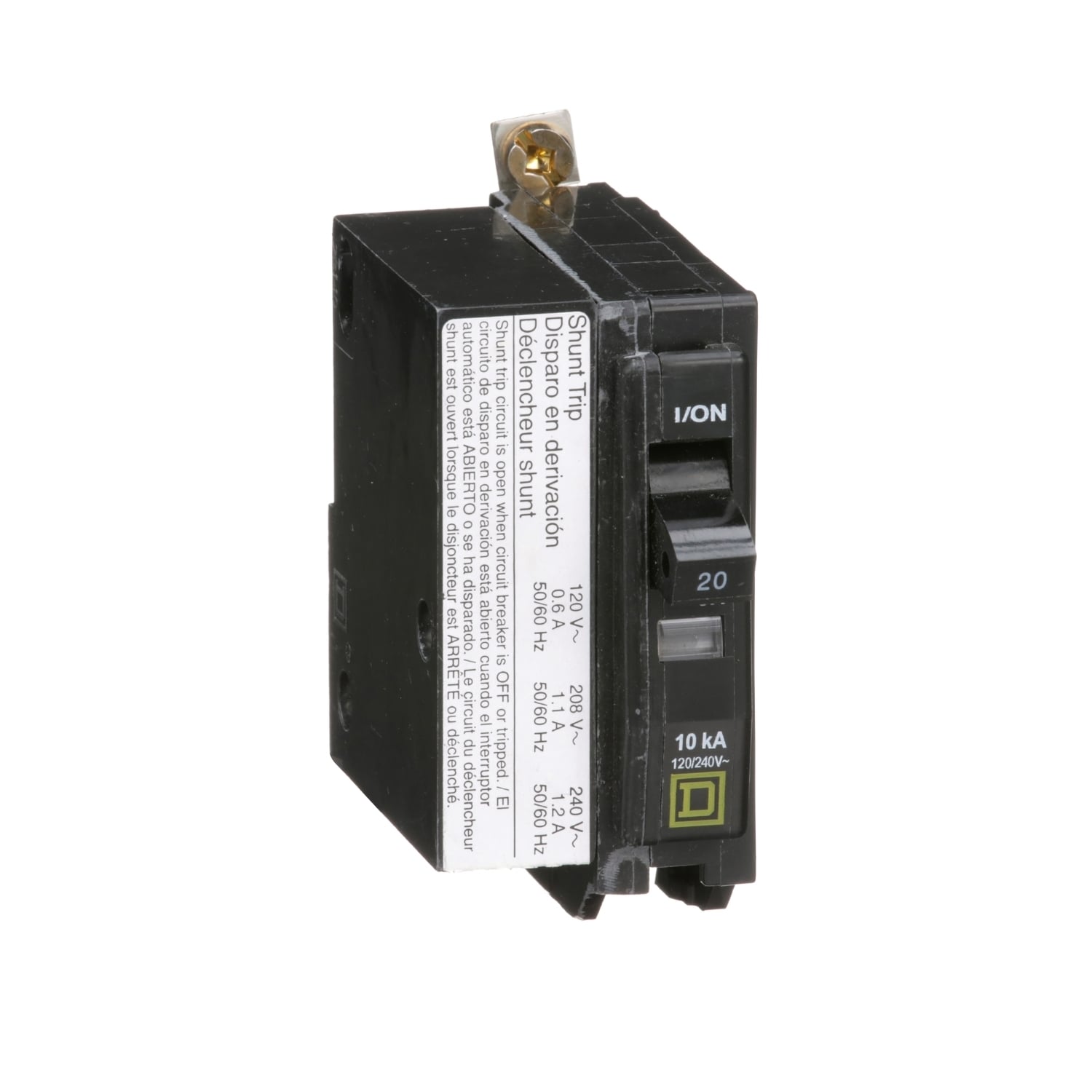 Mini circuit breaker, QO, 20A, 1 pole, 120/240VAC, 10kA, bolt on, AC shunt