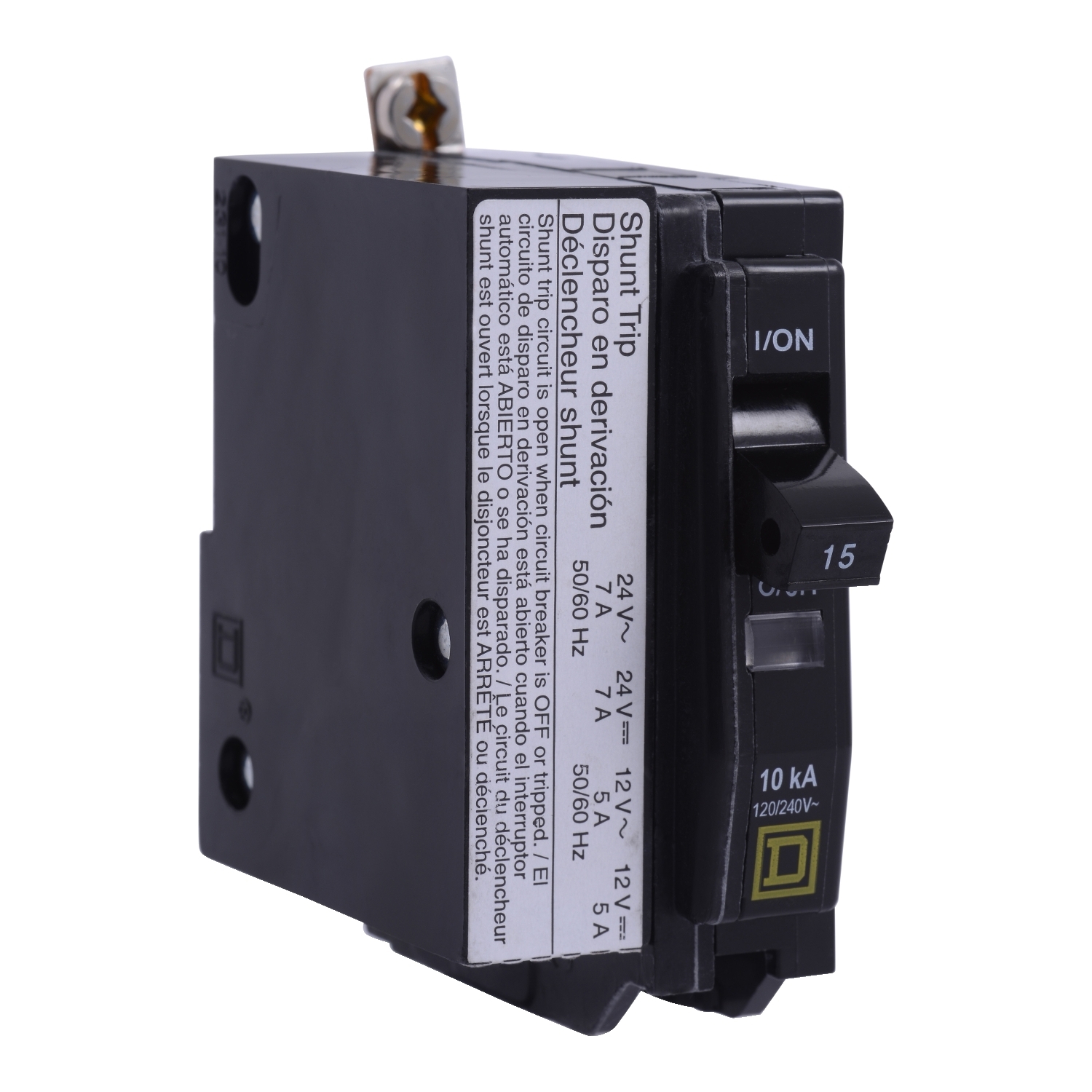 Mini circuit breaker, QO, 20A, 1 pole, 120/240VAC, 10kA, bolt on, AC/DC shunt