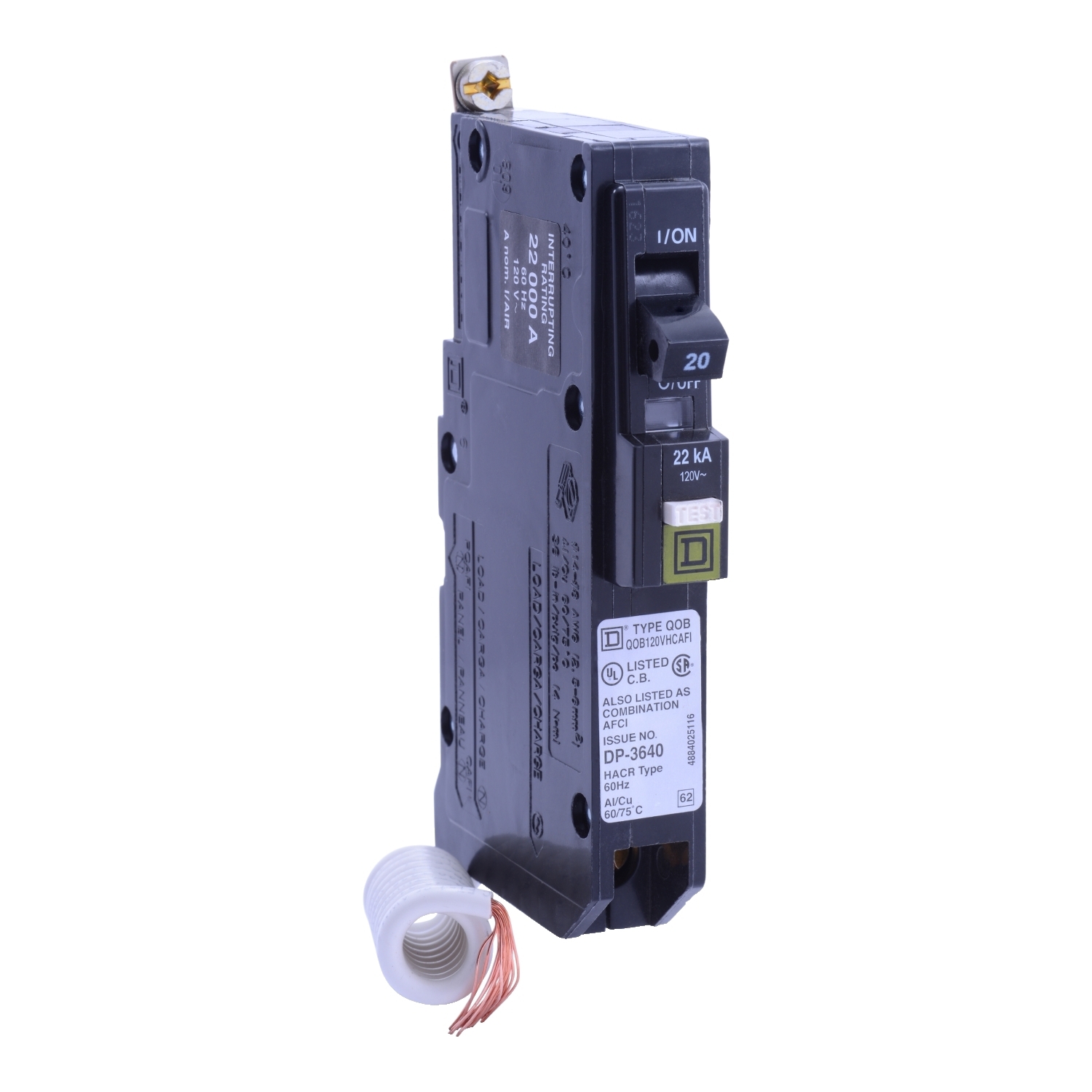 QOB120VHAFI Miniature Circuit Breaker, 20 Amp, 1 Pole, 120/240V