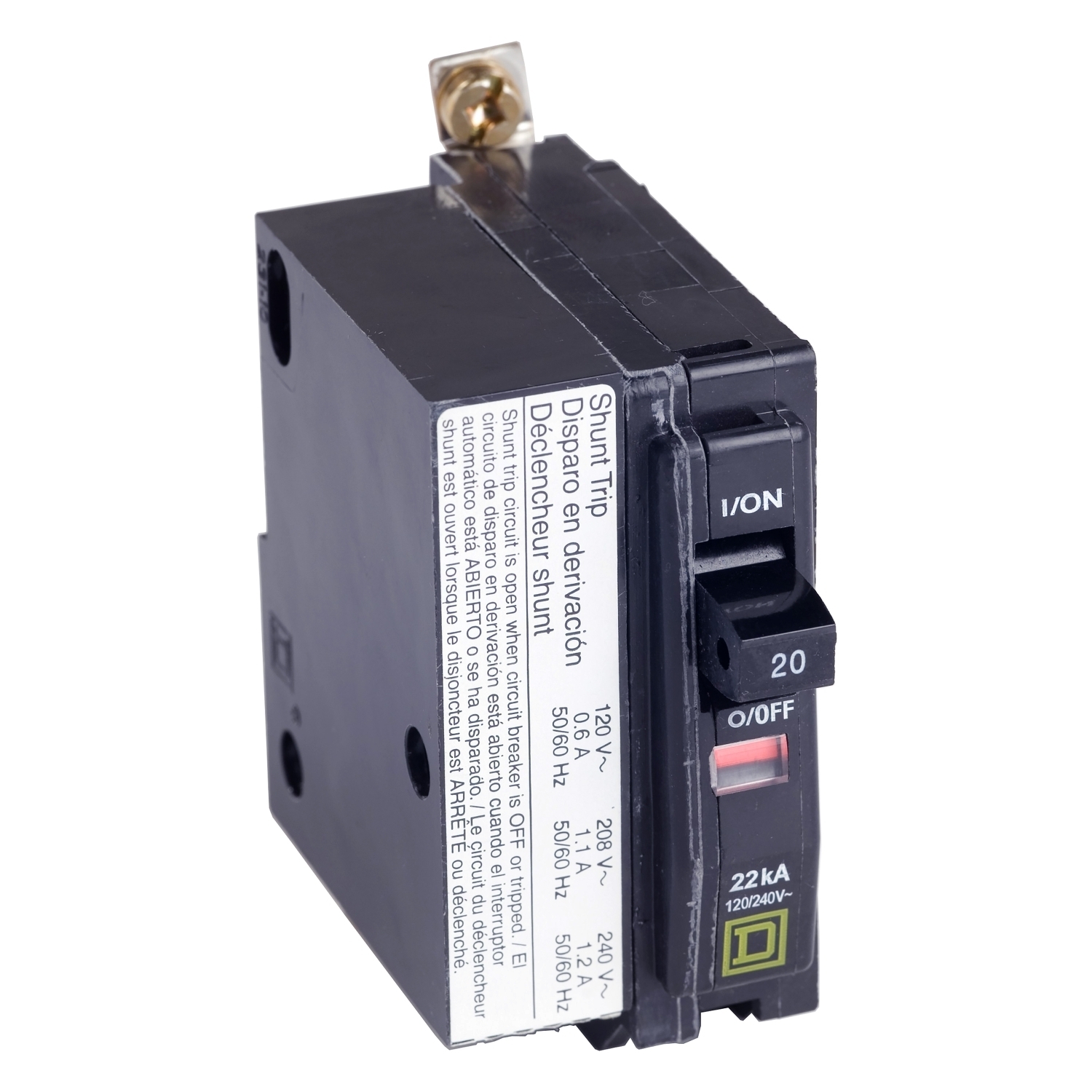 Mini circuit breaker, QO, 25A, 1 pole, 120/240VAC, 10kA, bolt on, AC shunt
