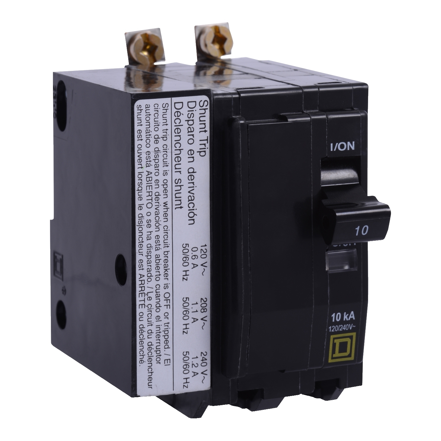 Mini circuit breaker, QO, 15A, 2 pole, 120/240VAC, 10kA, bolt on, AC shunt