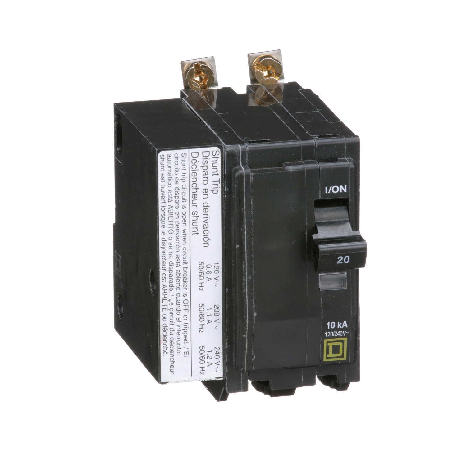 Mini circuit breaker, QO, 20A, 2 pole, 120/240VAC, 10kA, bolt on, AC shunt