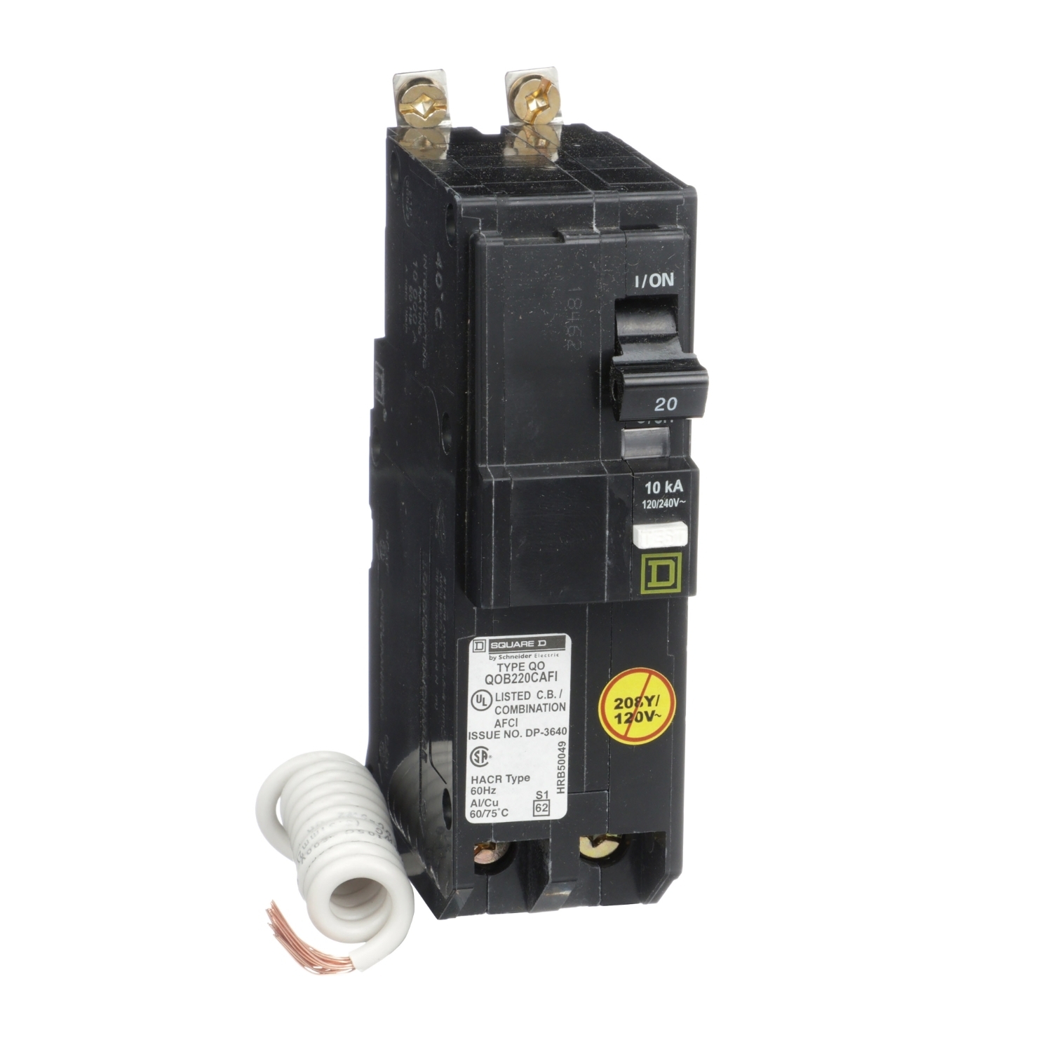 Mini circuit breaker, QO, 20A, 2 pole, 120/240VAC, 10kA, bolt on, combo ARC fault, pigtail [TAA]