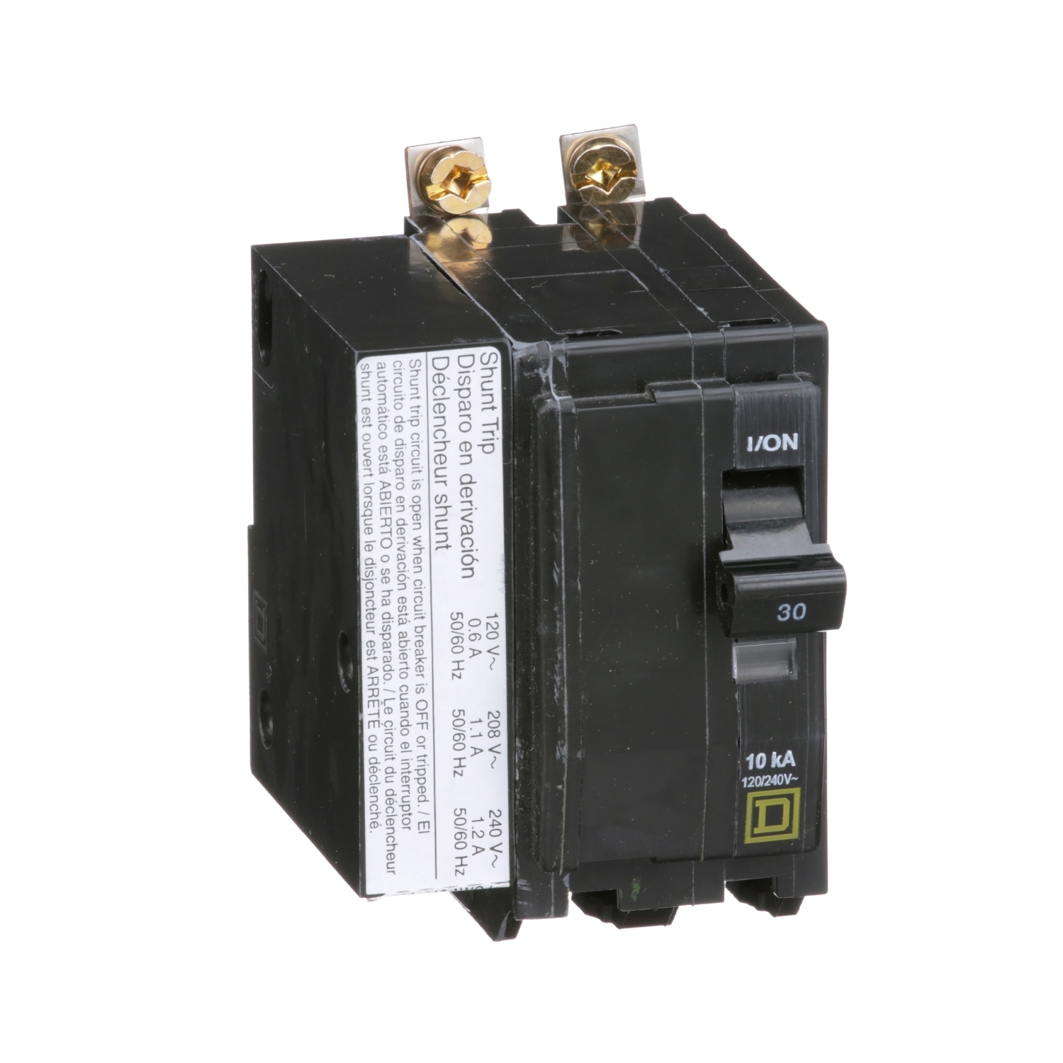 Mini circuit breaker, QO, 30A, 2 pole, 120/240VAC, 10kA, bolt on, AC shunt