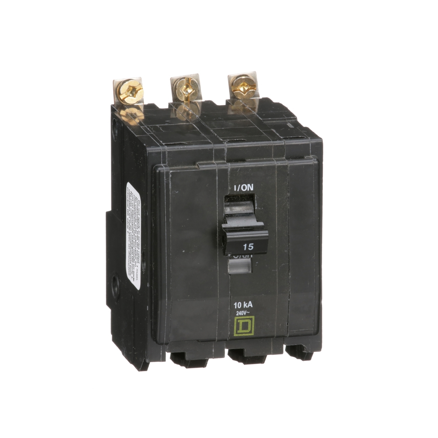 Mini circuit breaker, QO, 15A, 3 pole, 120/240VAC, 10kA, bolt on